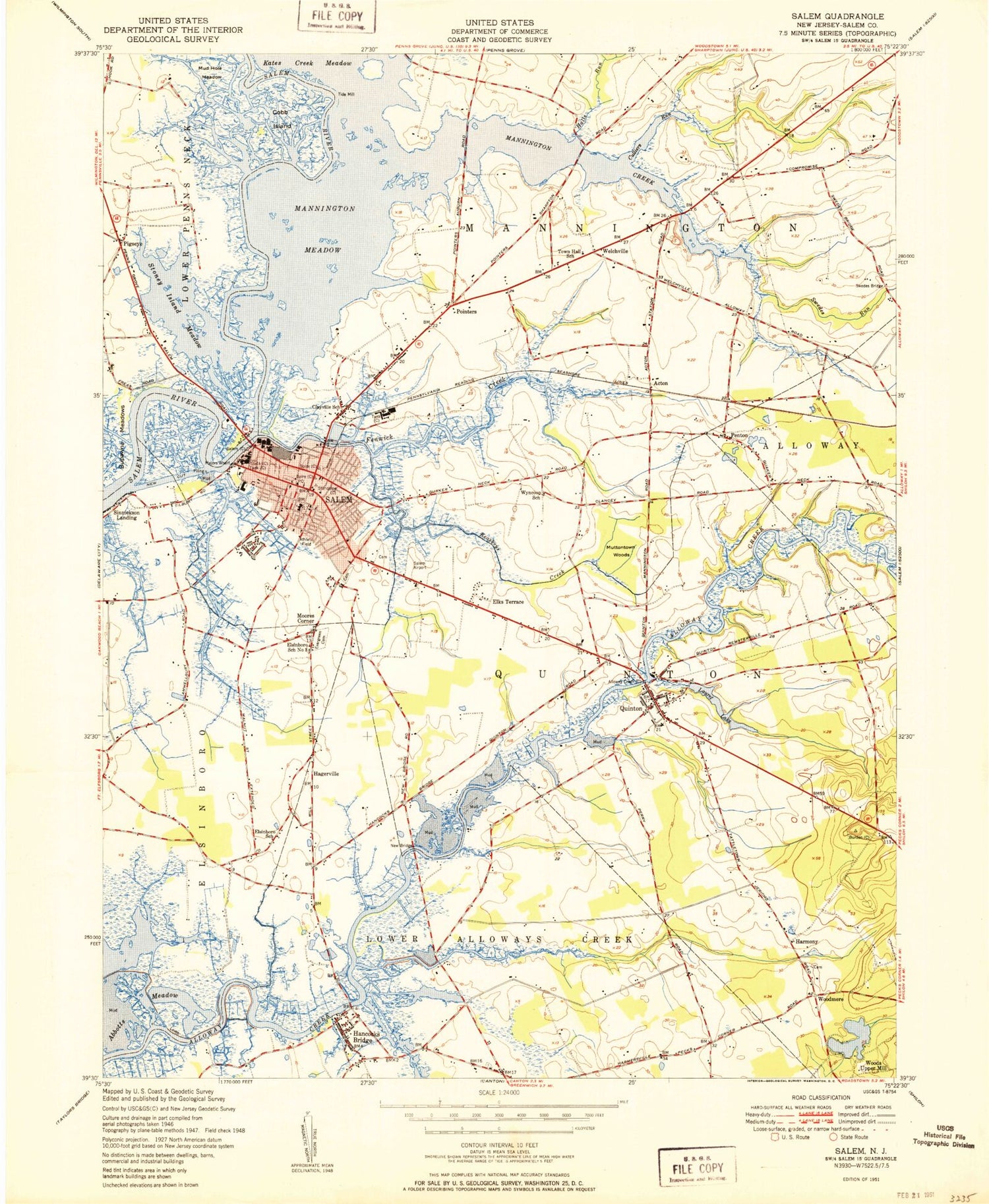 Classic USGS Salem New Jersey 7.5'x7.5' Topo Map Image