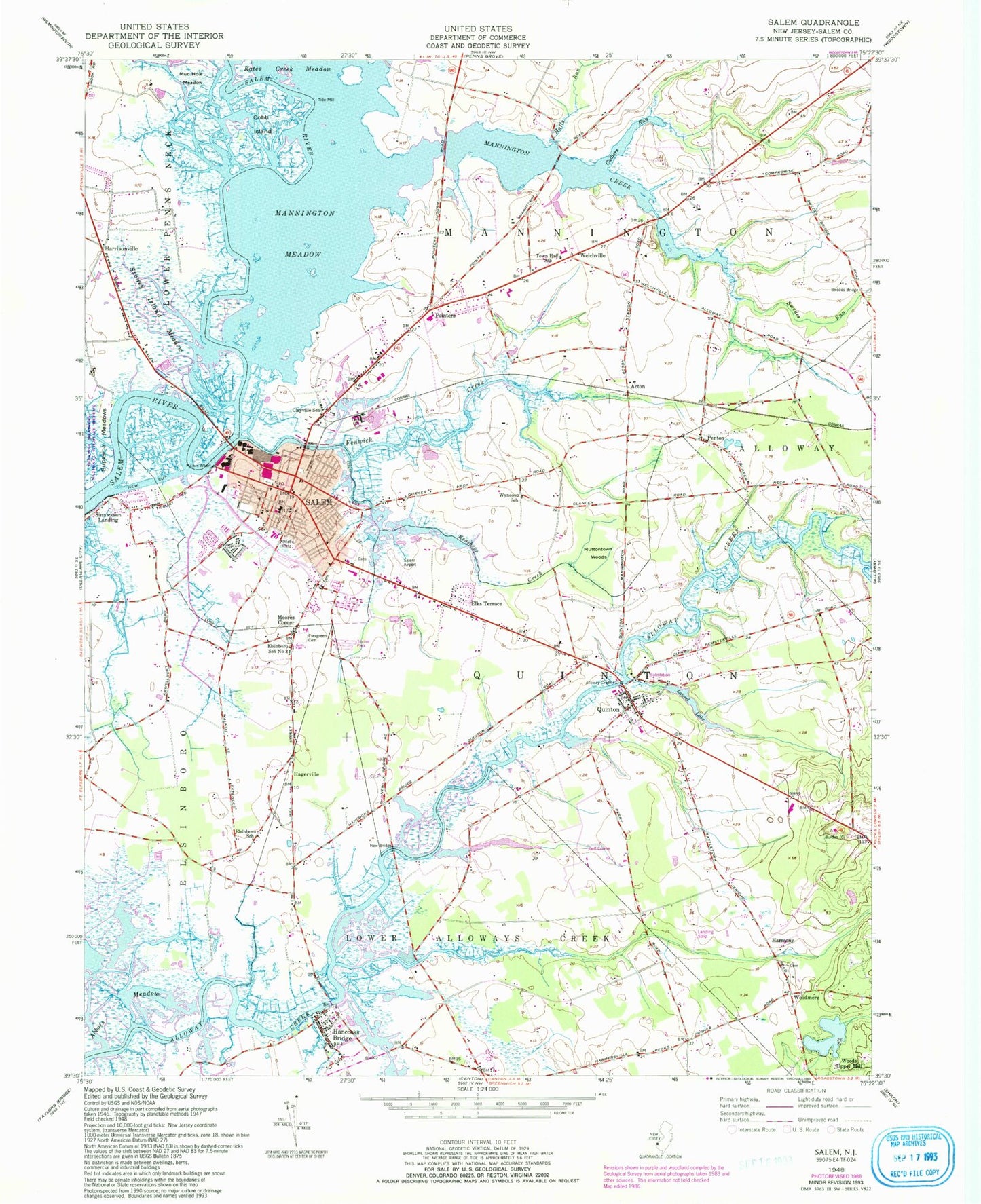 Classic USGS Salem New Jersey 7.5'x7.5' Topo Map Image