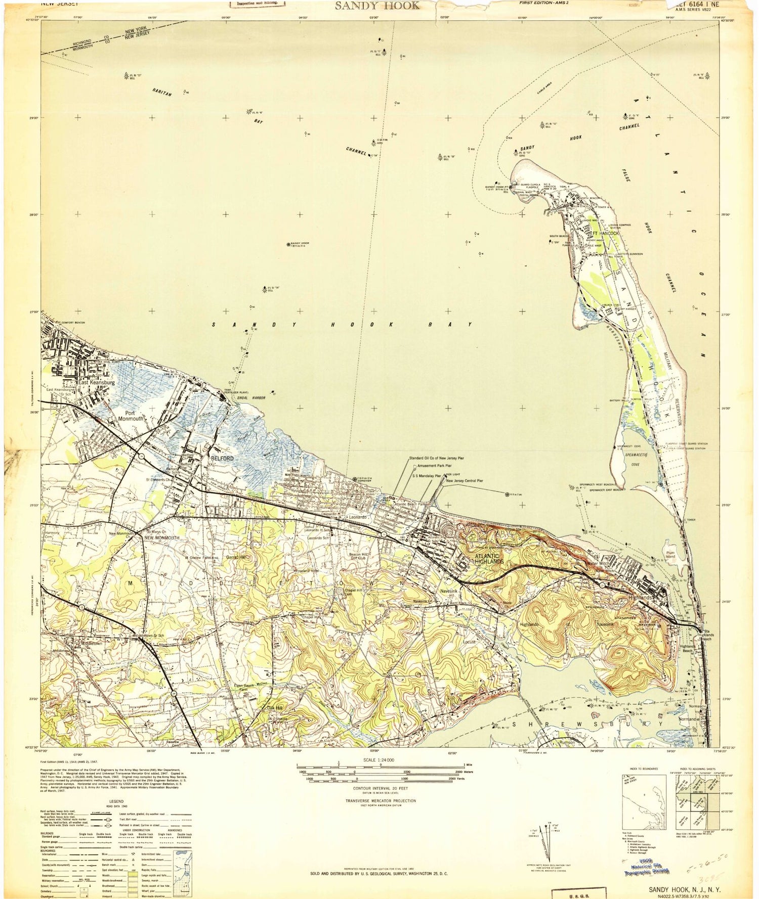 Classic USGS Sandy Hook New Jersey 7.5'x7.5' Topo Map Image