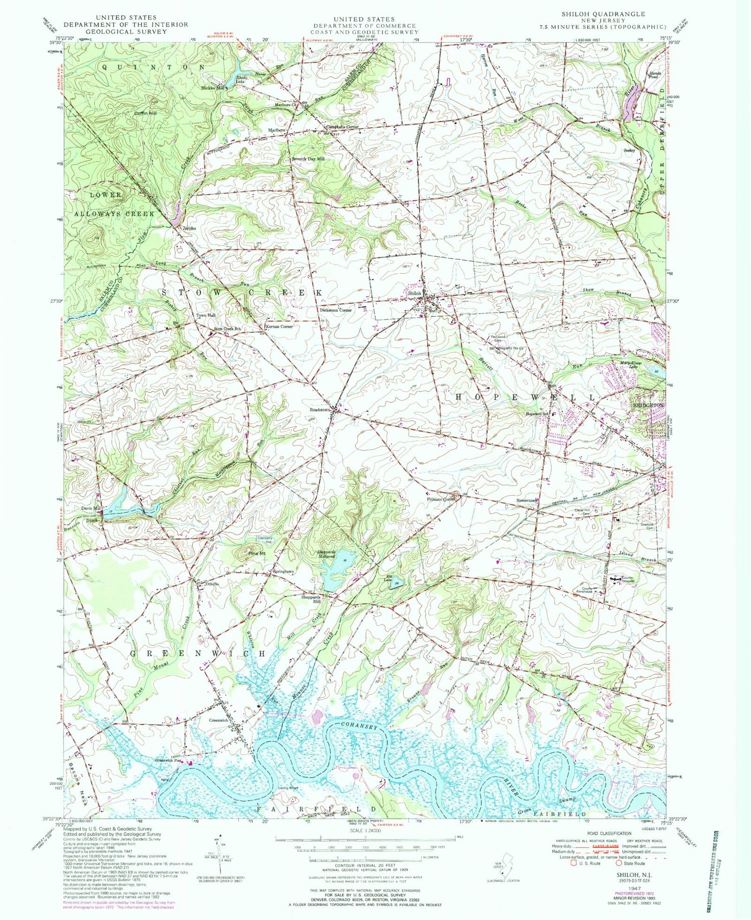 Classic USGS Shiloh New Jersey 7.5'x7.5' Topo Map Image