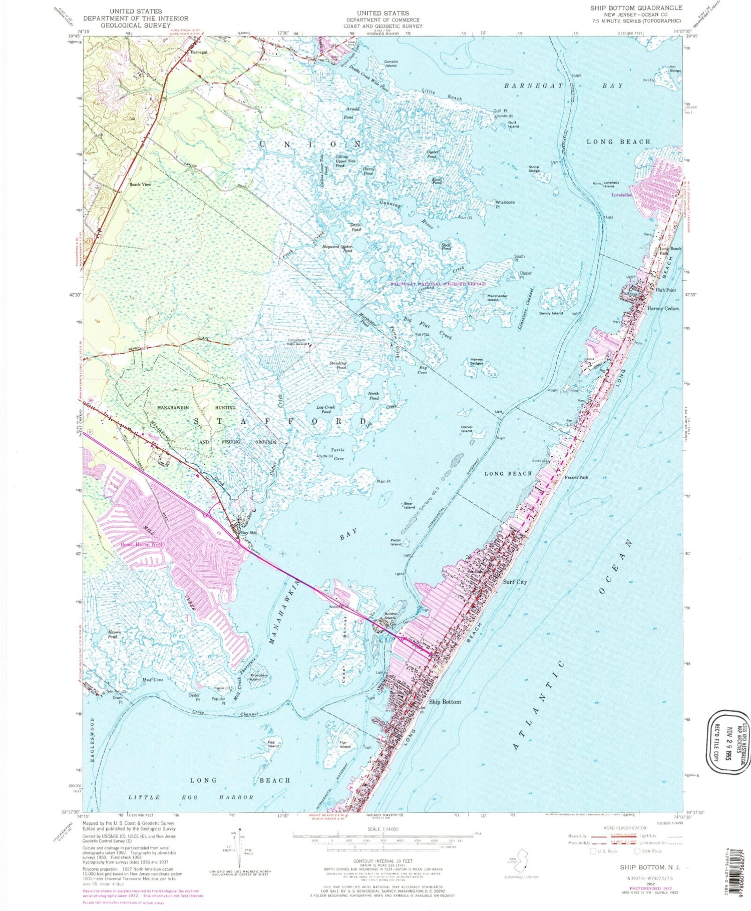 Classic USGS Ship Bottom New Jersey 7.5'x7.5' Topo Map Image