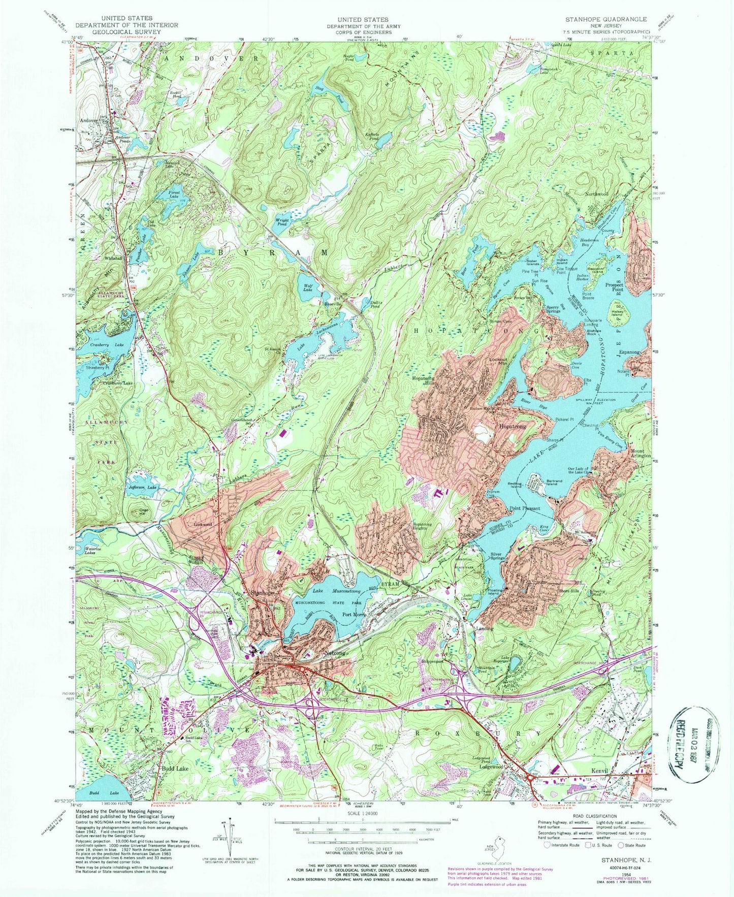 Classic USGS Stanhope New Jersey 7.5'x7.5' Topo Map Image