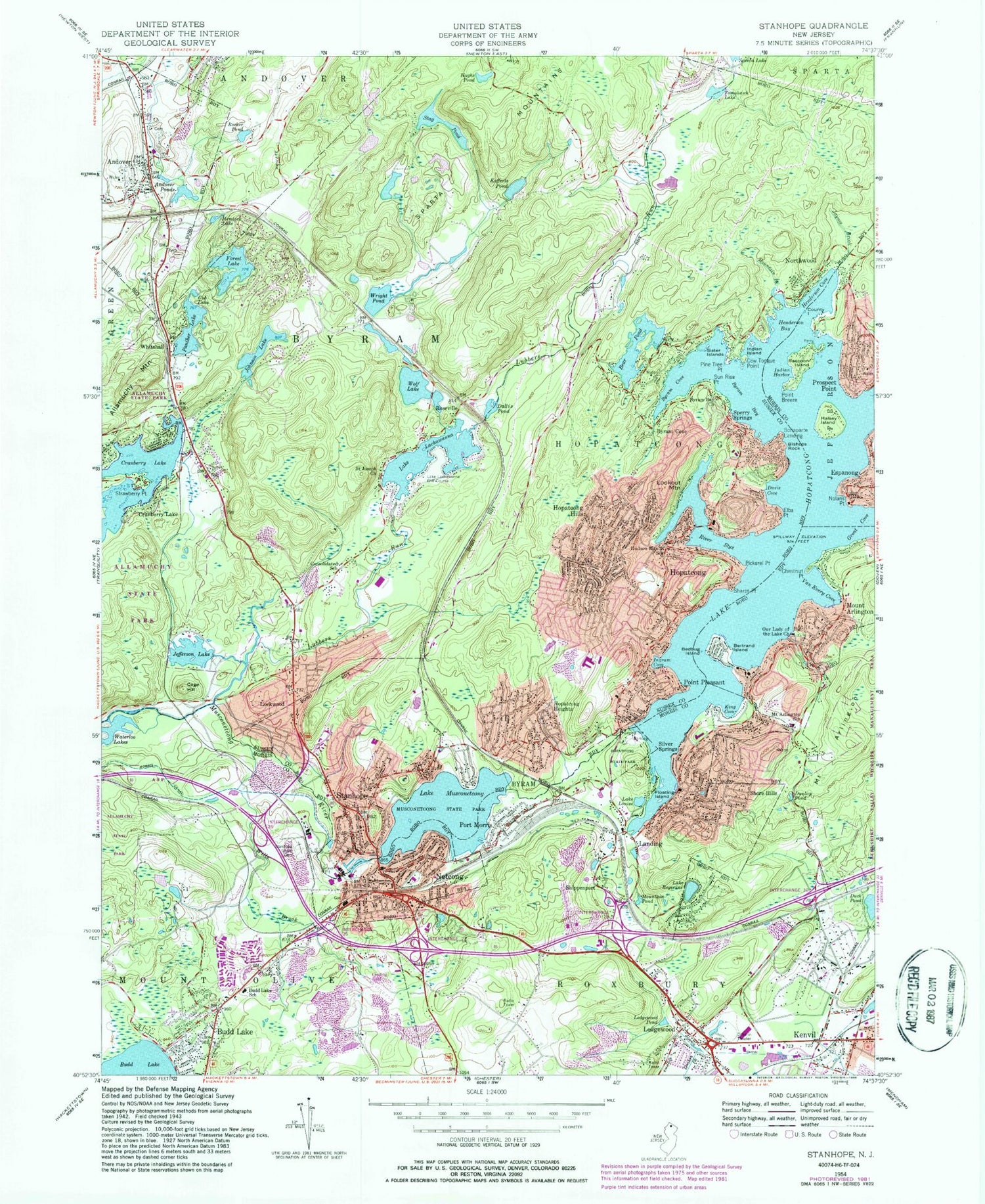Classic USGS Stanhope New Jersey 7.5'x7.5' Topo Map Image