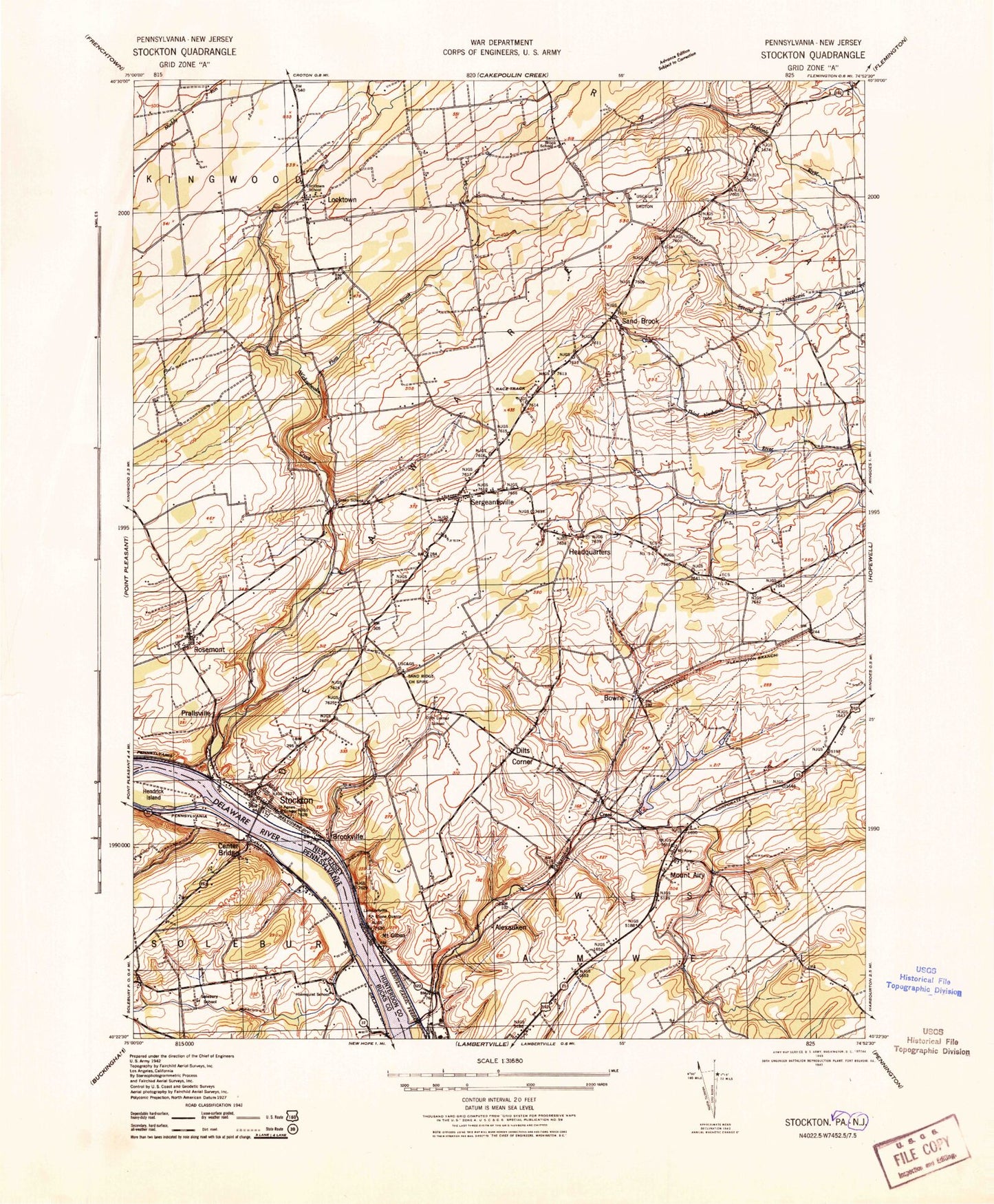 Classic USGS Stockton New Jersey 7.5'x7.5' Topo Map Image