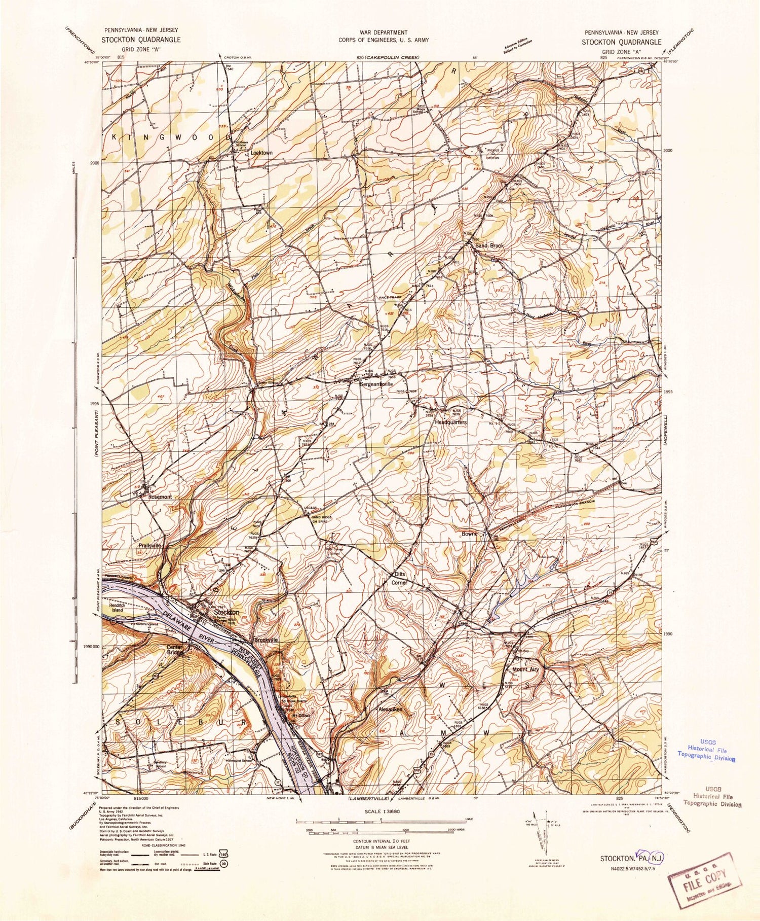 Classic USGS Stockton New Jersey 7.5'x7.5' Topo Map Image