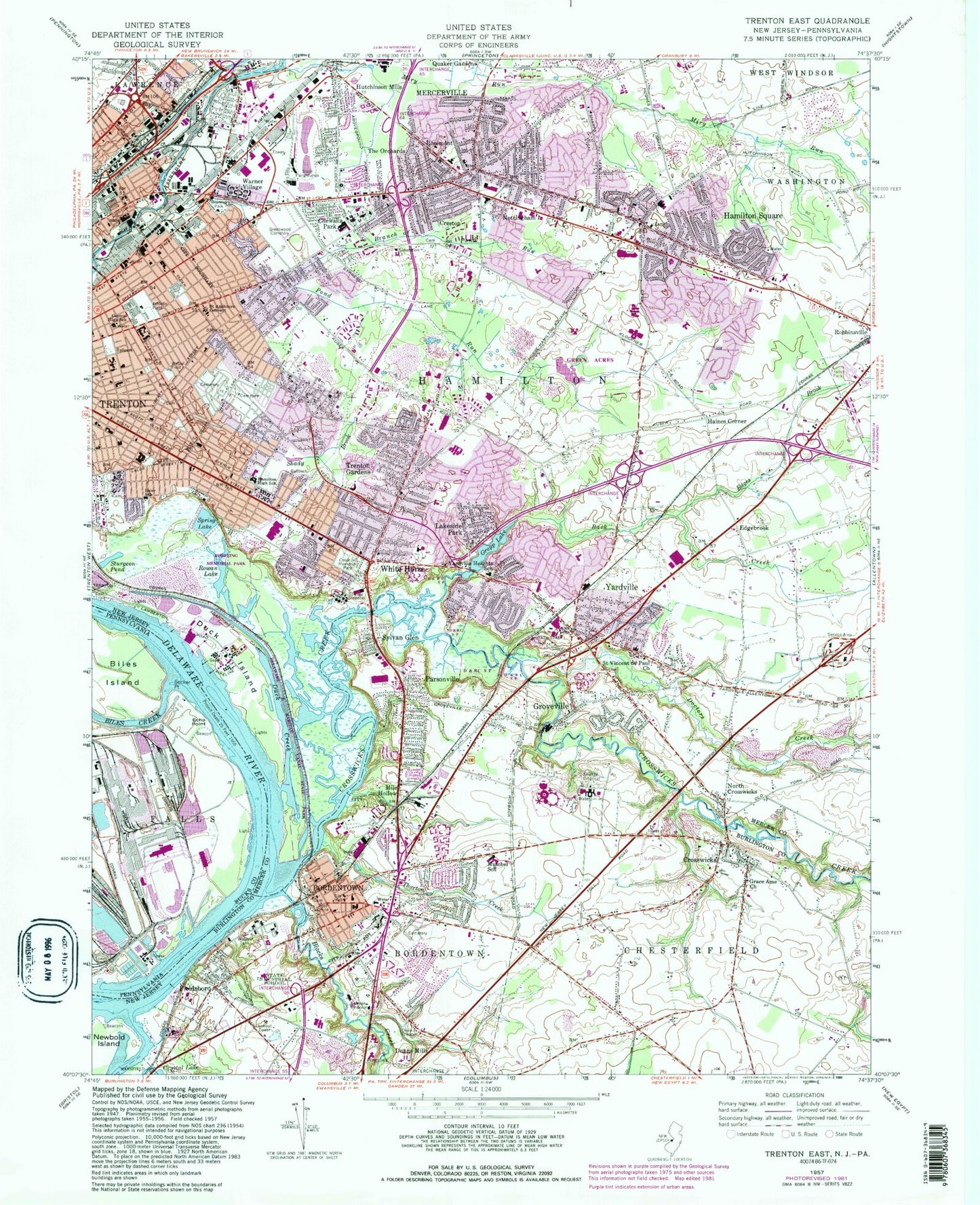 Classic USGS Trenton East New Jersey 7.5'x7.5' Topo Map Image