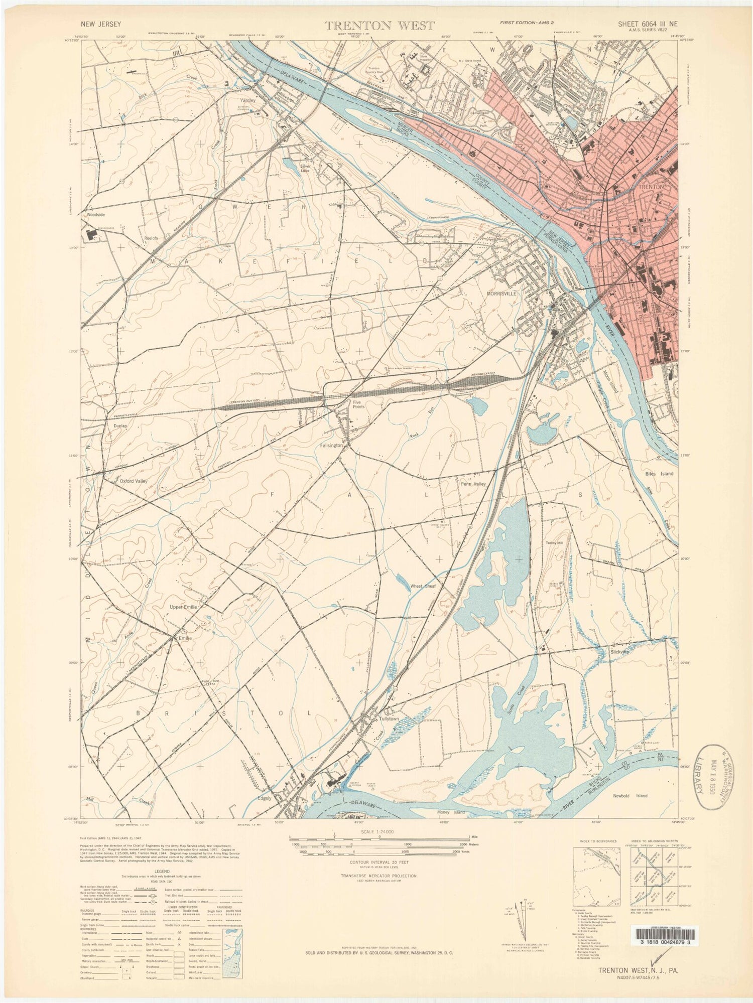 Classic USGS Trenton West New Jersey 7.5'x7.5' Topo Map Image