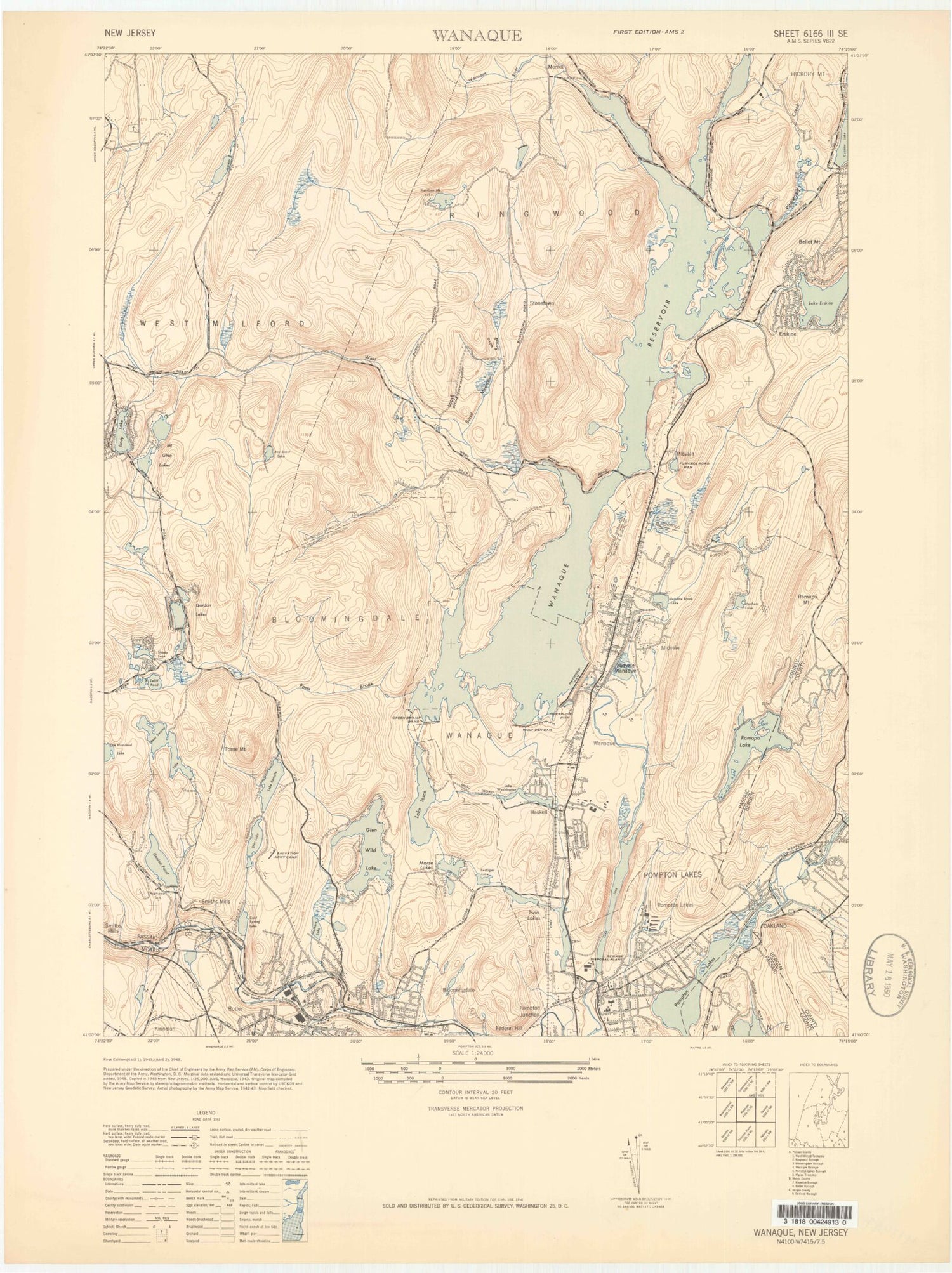 Classic USGS Wanaque New Jersey 7.5'x7.5' Topo Map Image