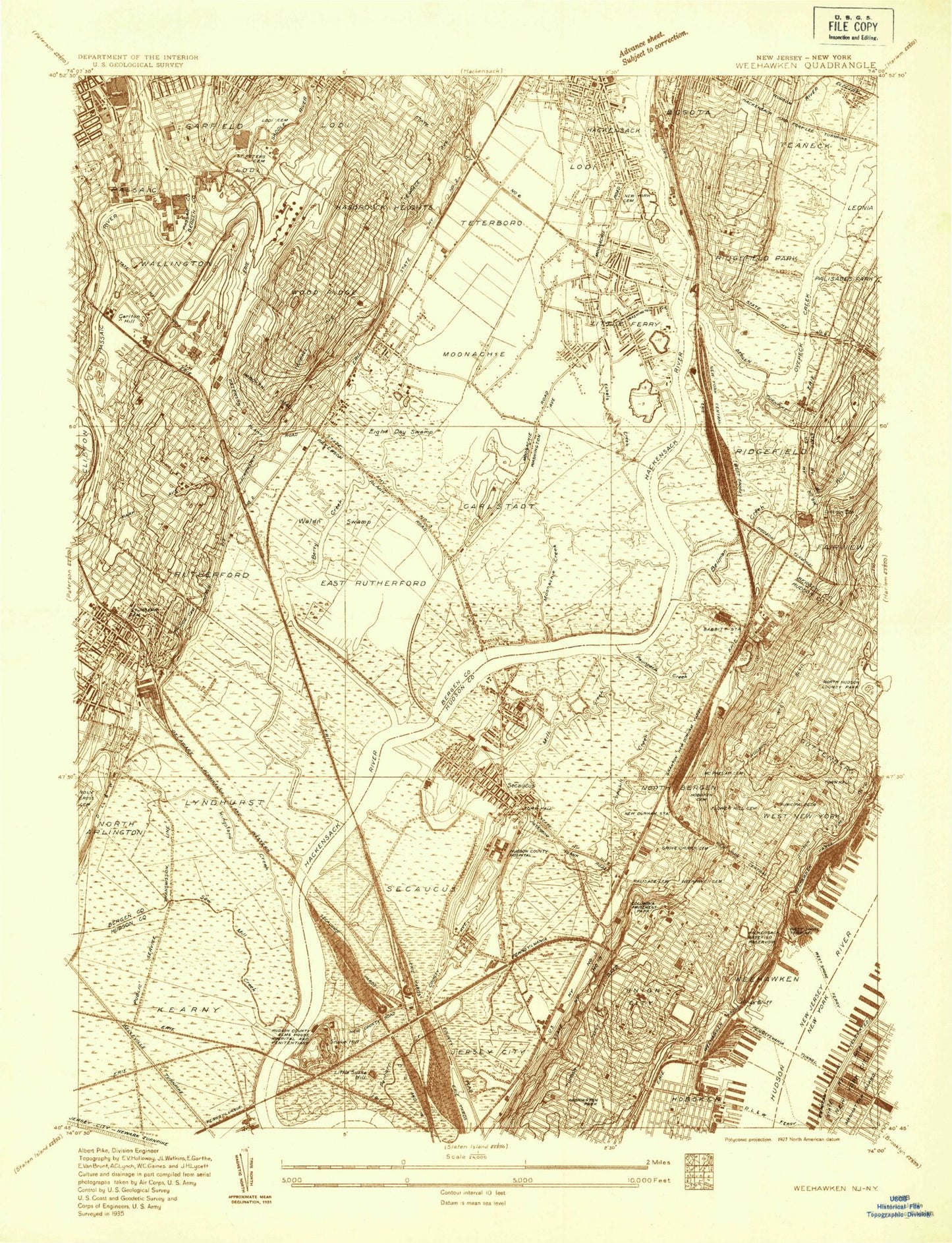 Classic USGS Weehawken New Jersey 7.5'x7.5' Topo Map Image