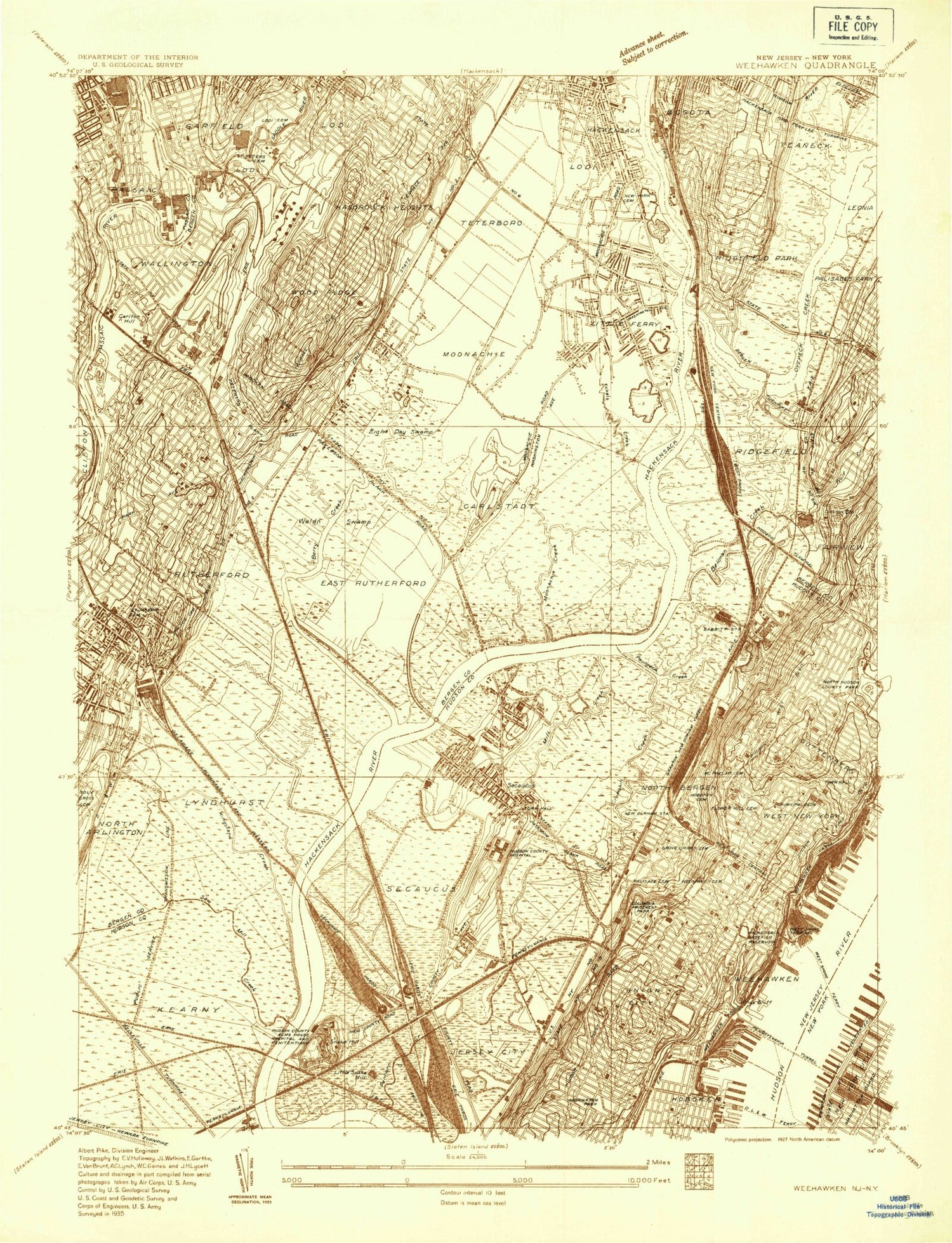Classic USGS Weehawken New Jersey 7.5'x7.5' Topo Map Image