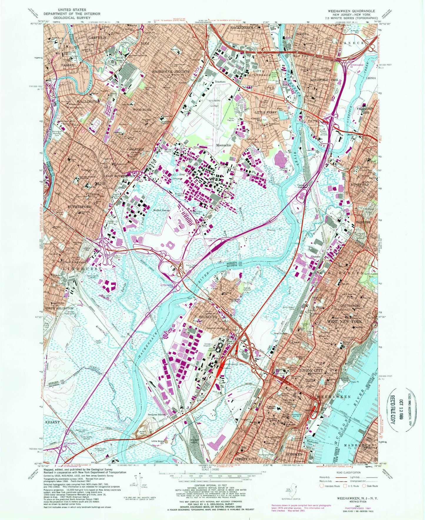 Classic USGS Weehawken New Jersey 7.5'x7.5' Topo Map Image