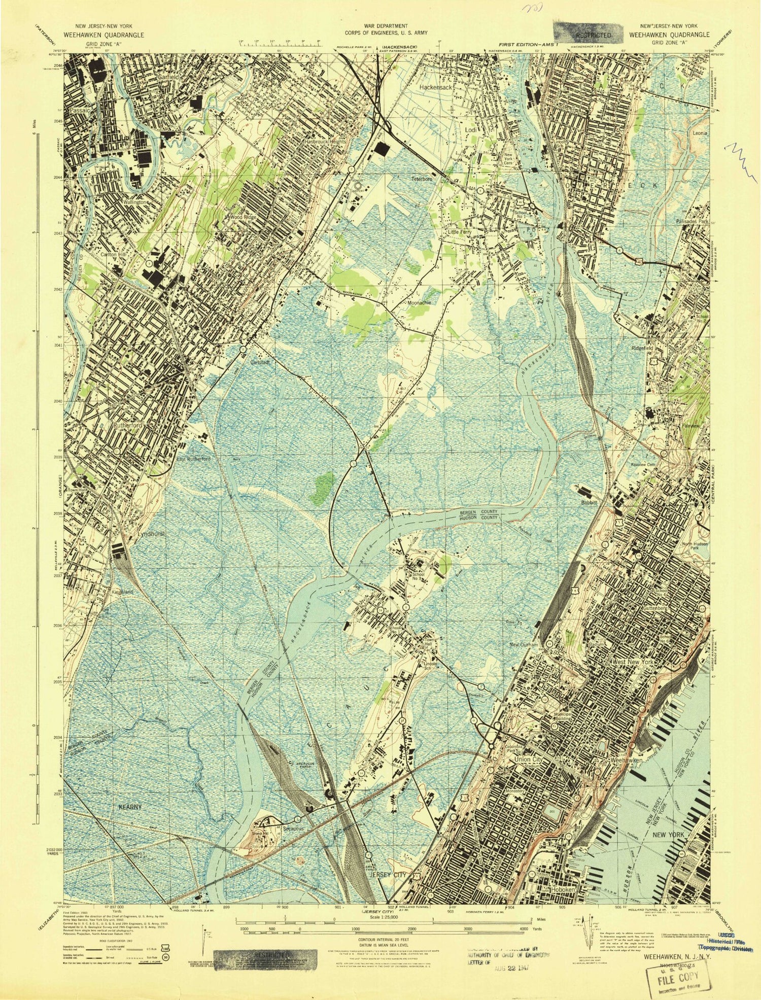 Classic USGS Weehawken New Jersey 7.5'x7.5' Topo Map Image