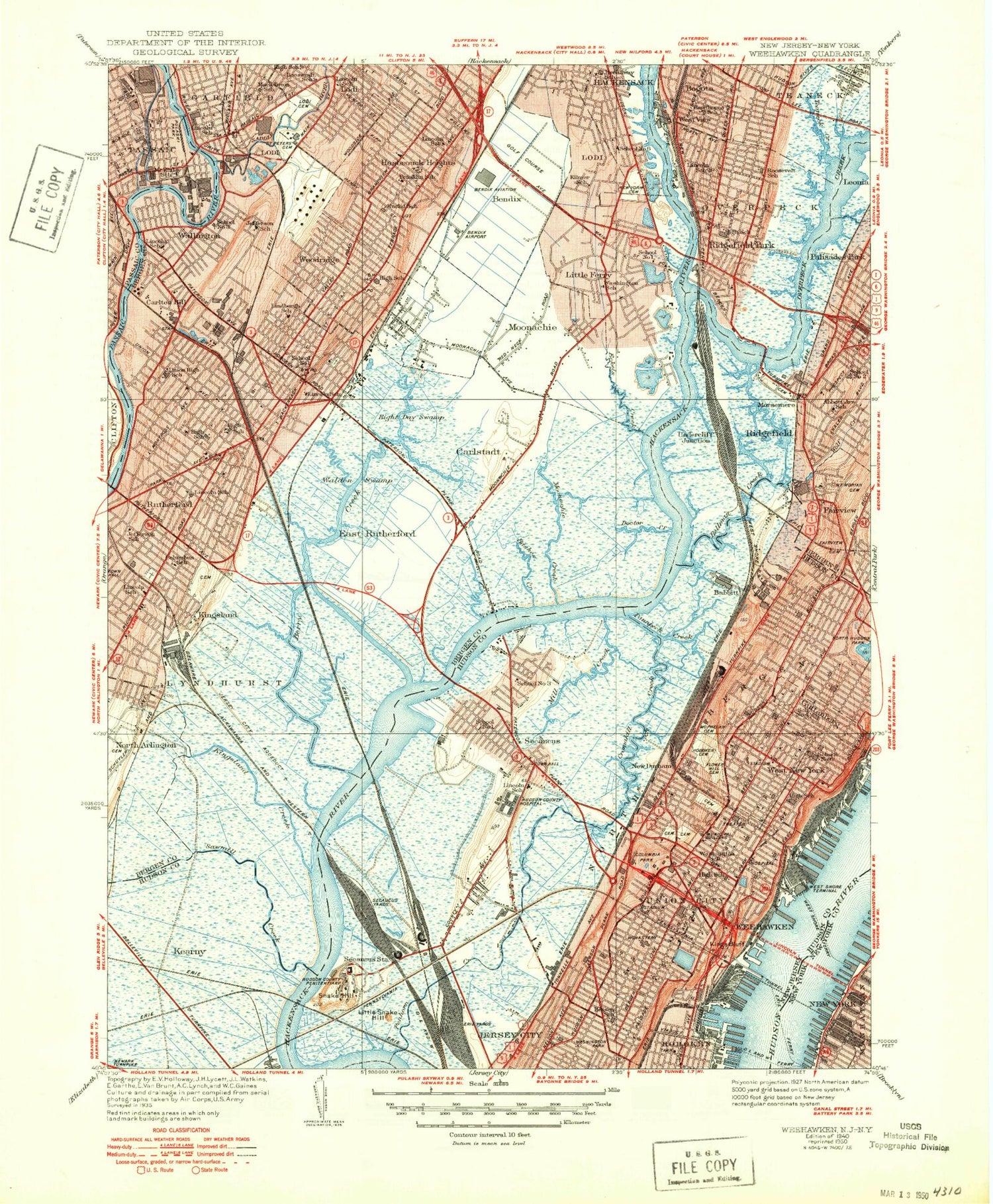 Classic USGS Weehawken New Jersey 7.5'x7.5' Topo Map Image