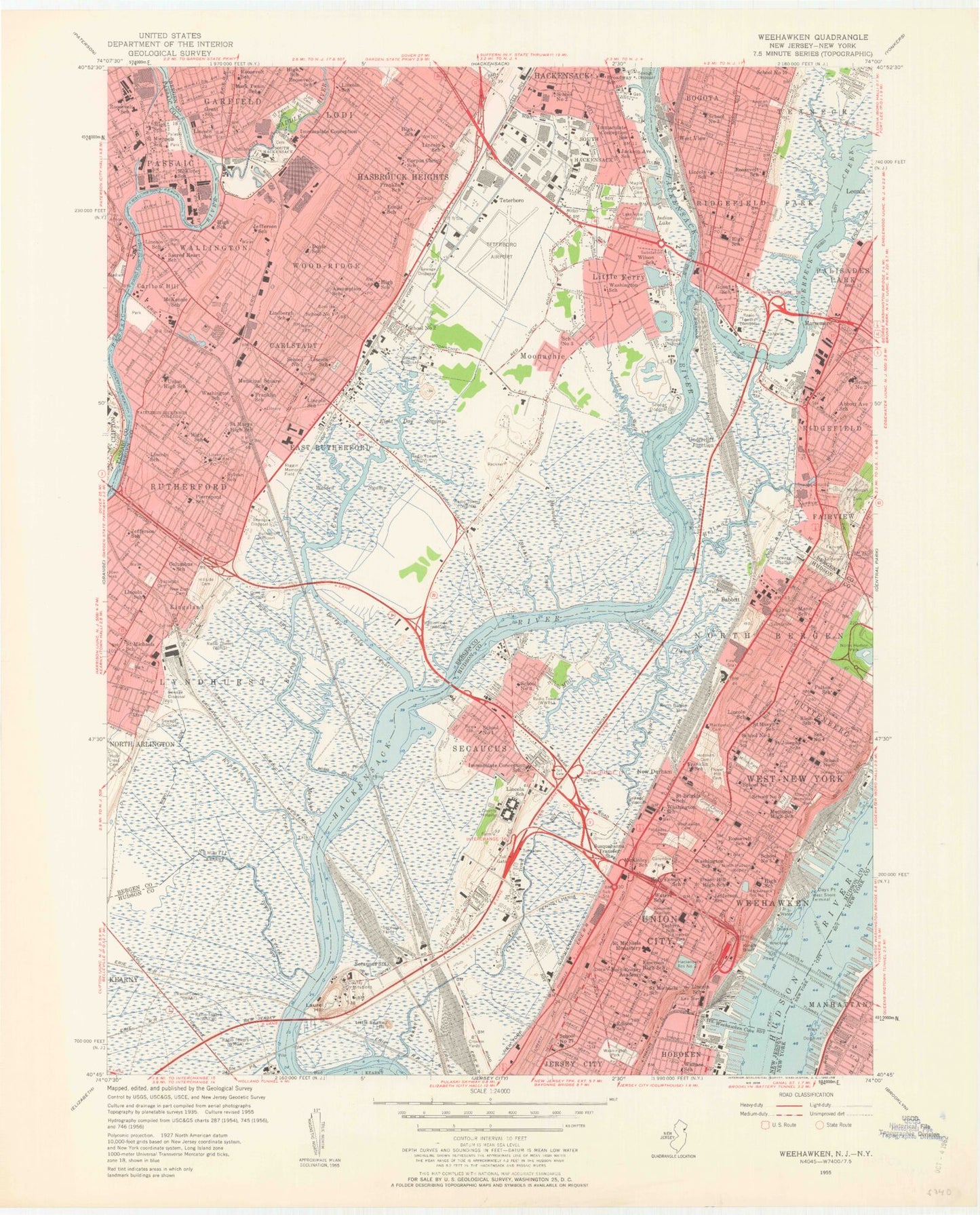 Classic USGS Weehawken New Jersey 7.5'x7.5' Topo Map Image