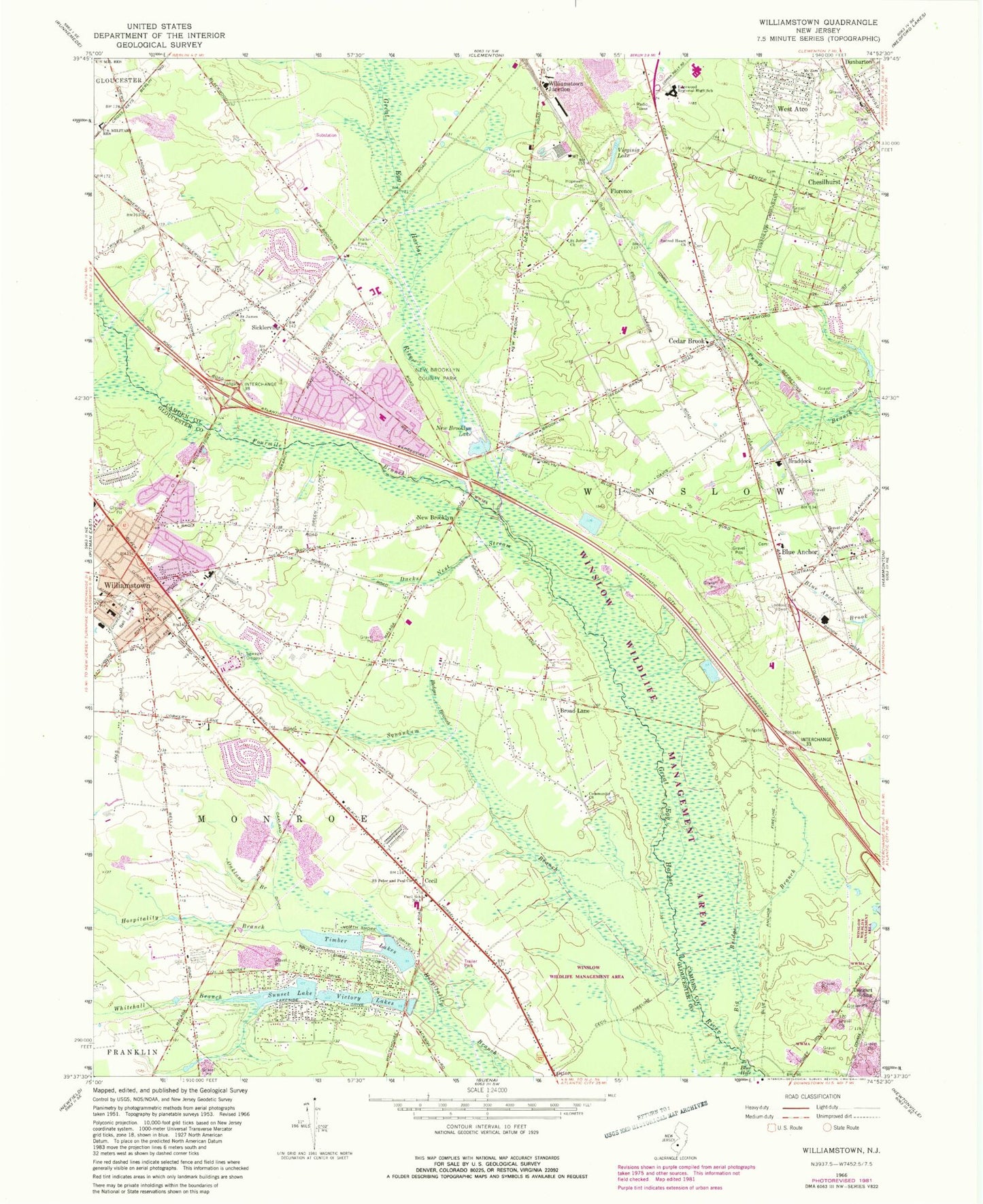 Classic USGS Williamstown New Jersey 7.5'x7.5' Topo Map Image