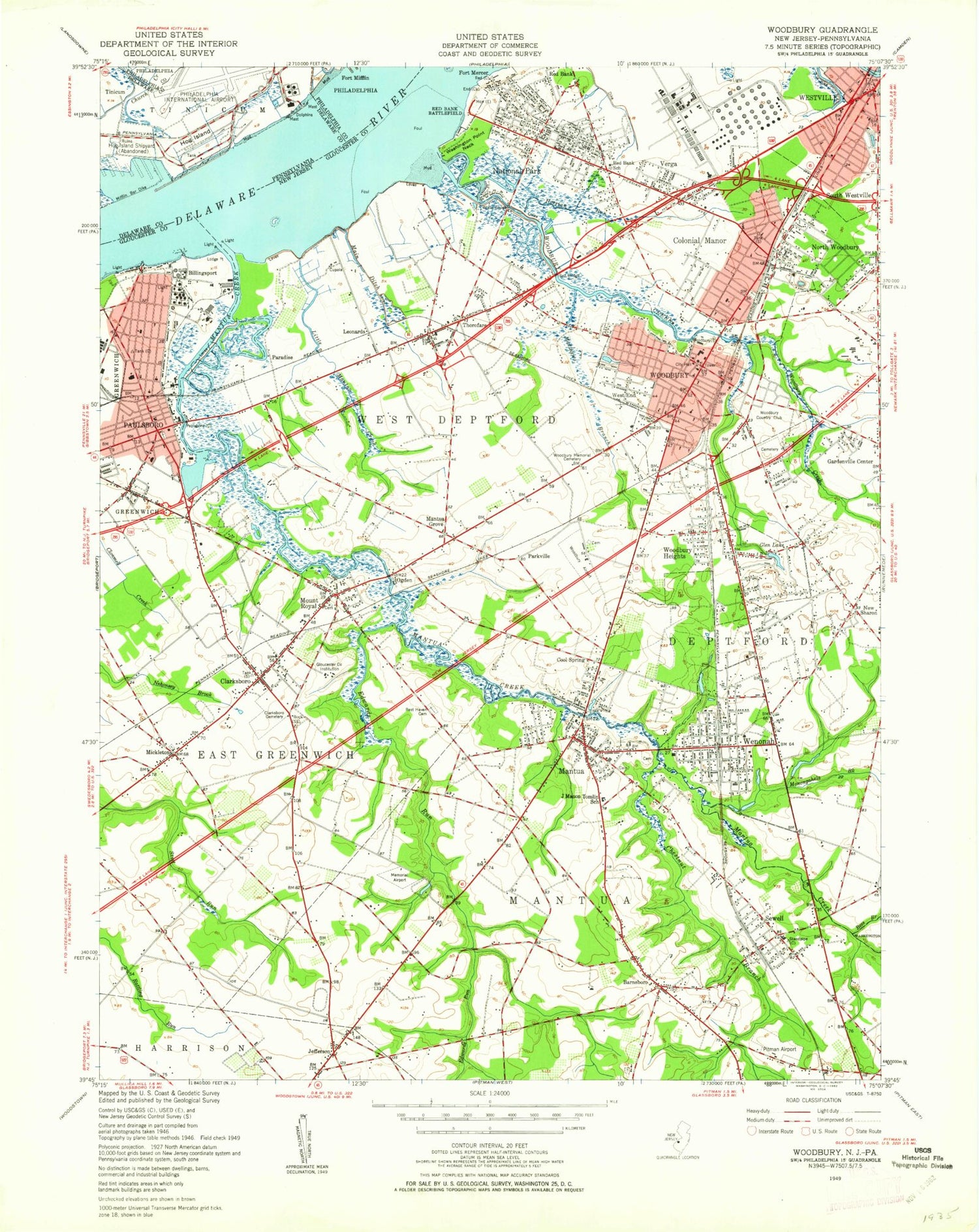 Classic USGS Woodbury New Jersey 7.5'x7.5' Topo Map Image