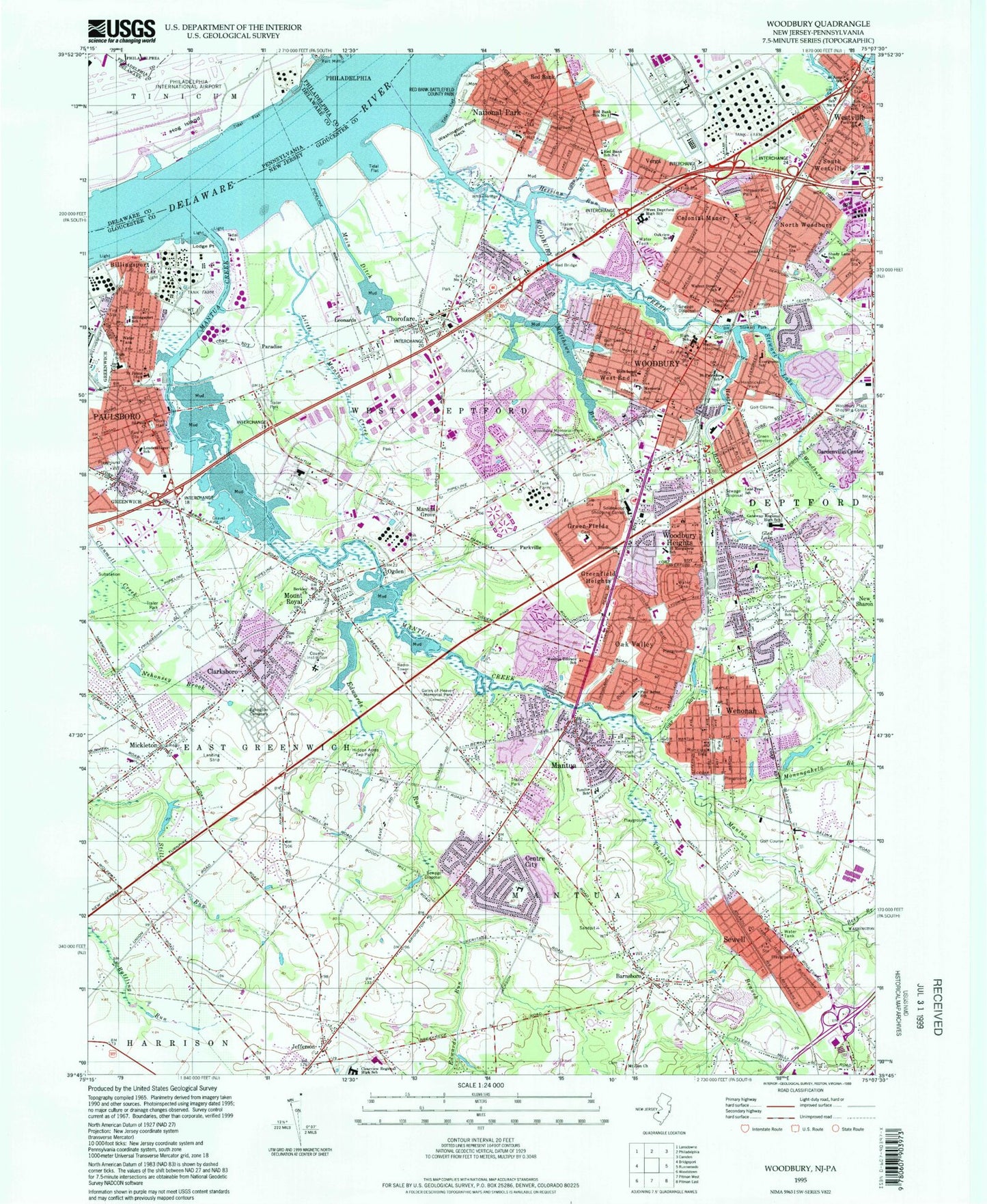 Classic USGS Woodbury New Jersey 7.5'x7.5' Topo Map Image