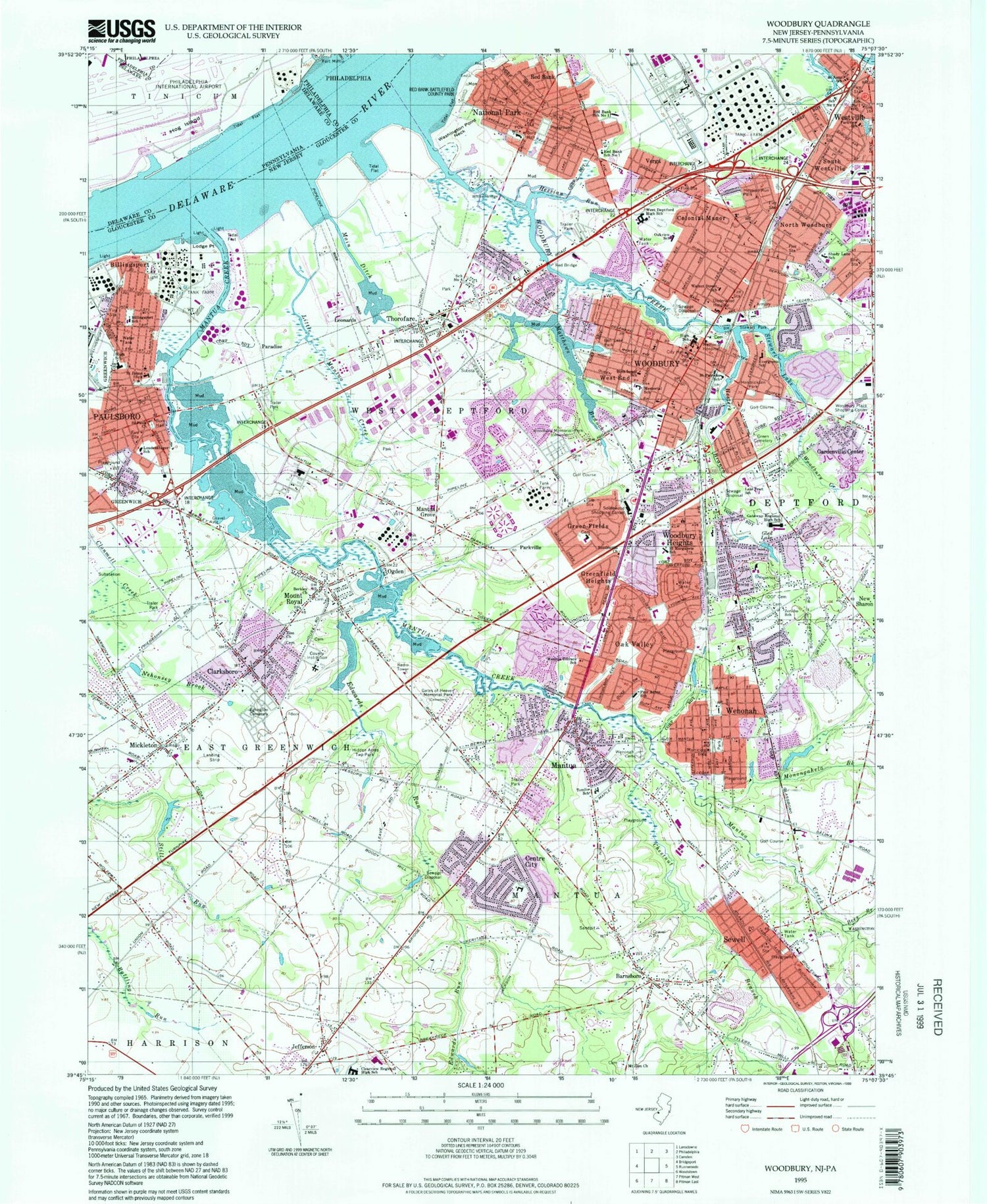 Classic USGS Woodbury New Jersey 7.5'x7.5' Topo Map Image