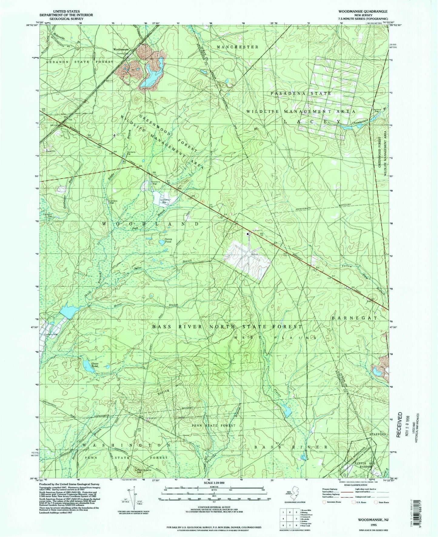 Classic USGS Woodmansie New Jersey 7.5'x7.5' Topo Map Image