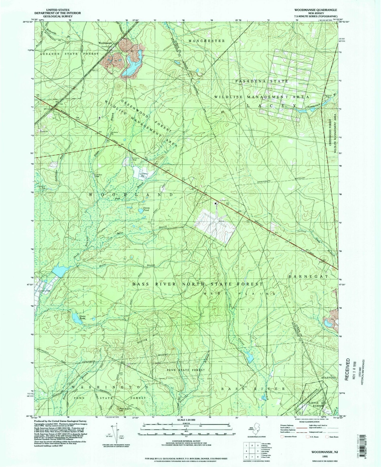 Classic USGS Woodmansie New Jersey 7.5'x7.5' Topo Map Image