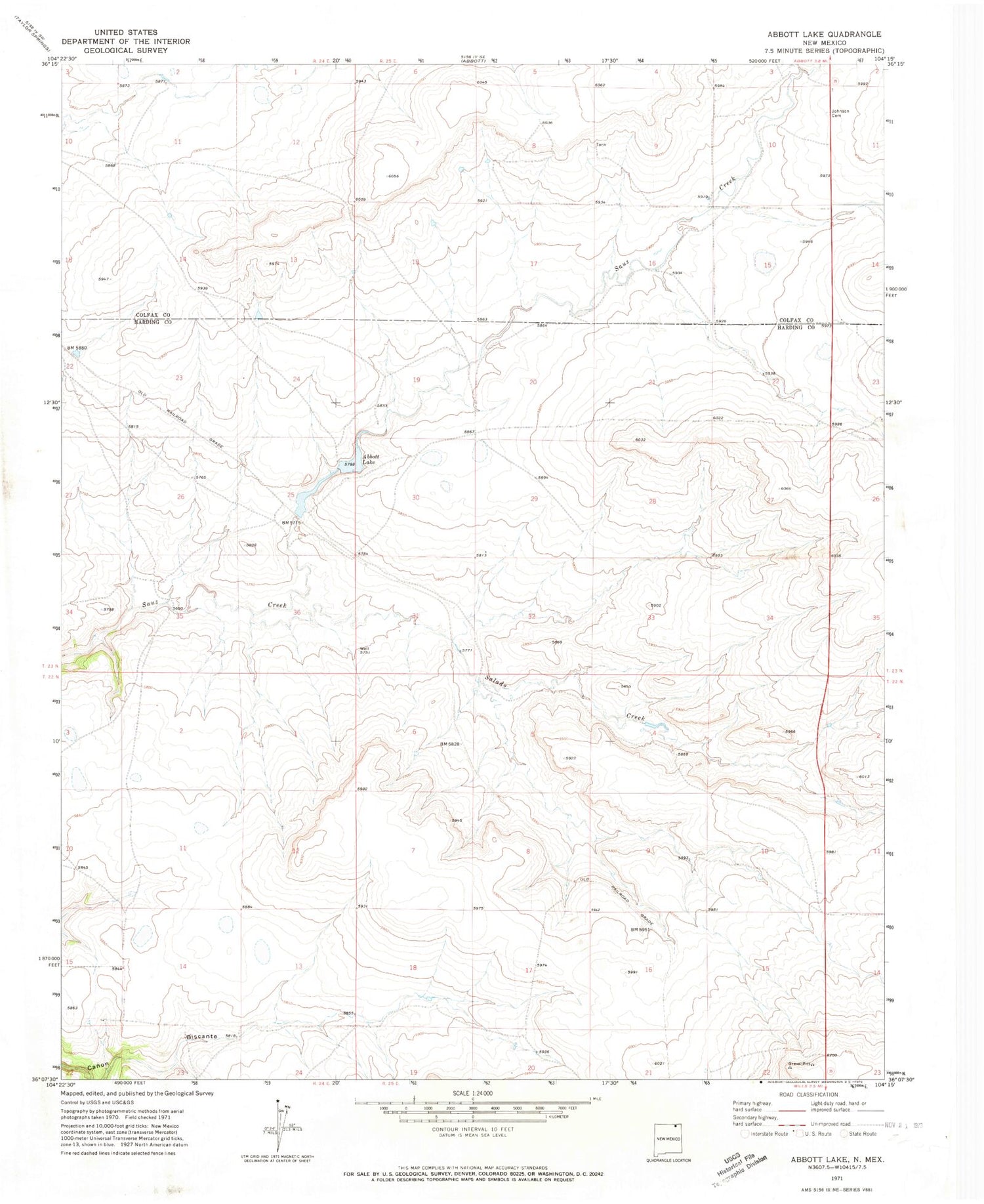 Classic USGS Abbott Lake New Mexico 7.5'x7.5' Topo Map Image