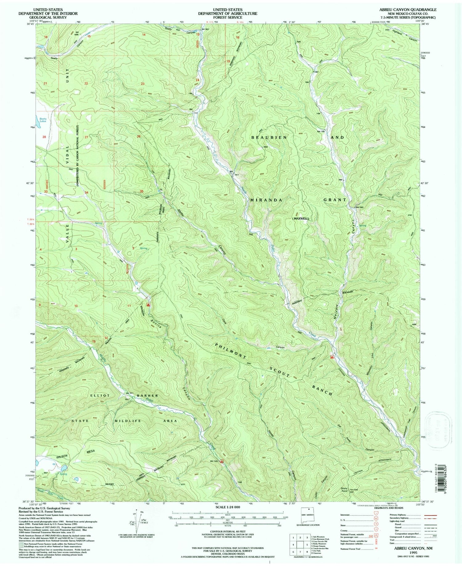 Classic USGS Abreu Canyon New Mexico 7.5'x7.5' Topo Map Image
