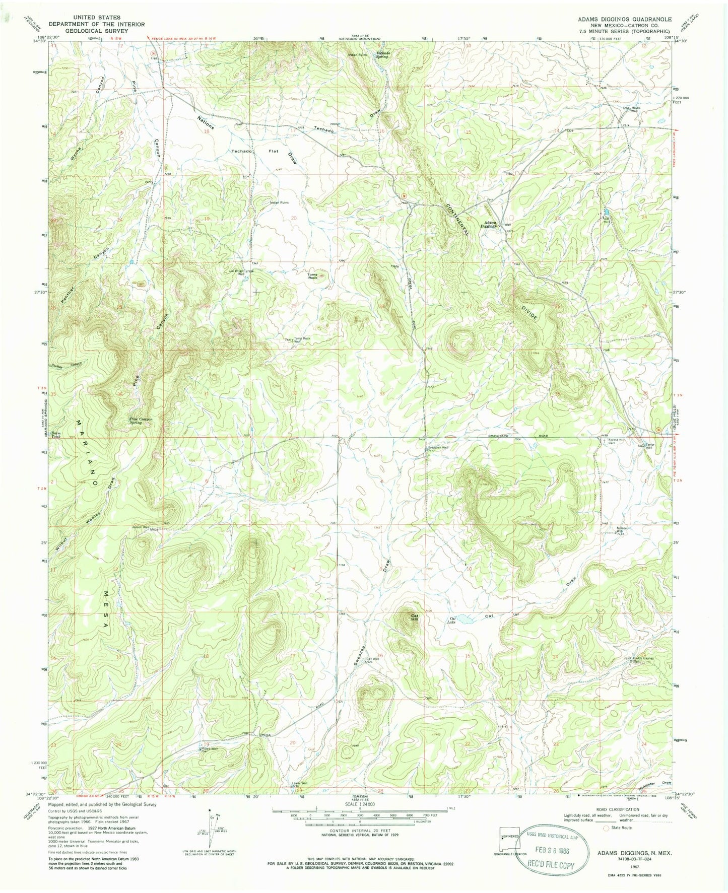 Classic USGS Adams Diggings New Mexico 7.5'x7.5' Topo Map Image
