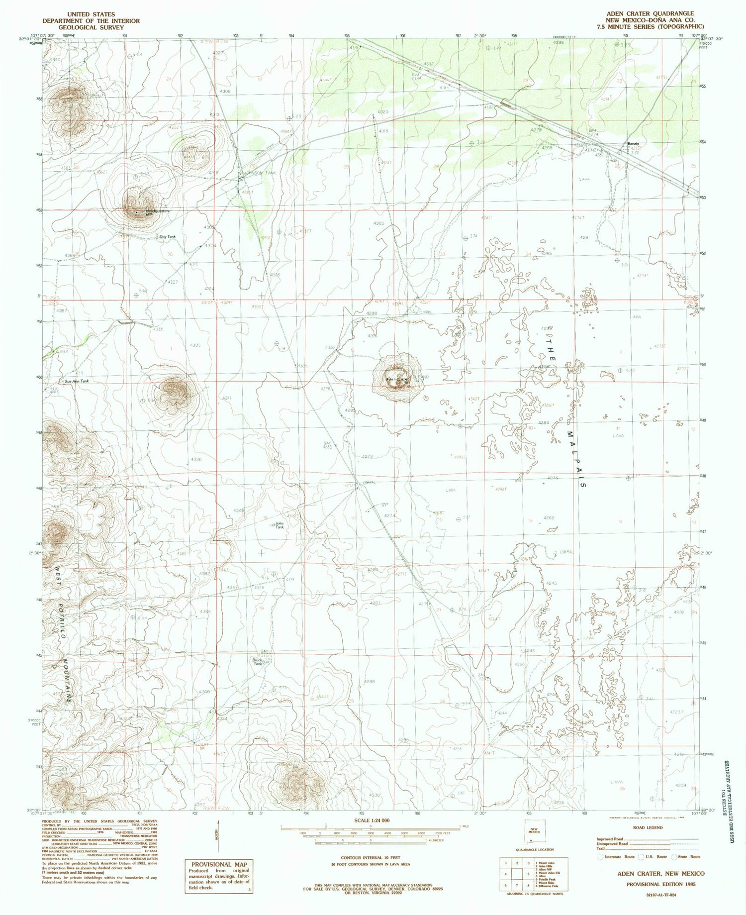 Classic USGS Aden Crater New Mexico 7.5'x7.5' Topo Map Image