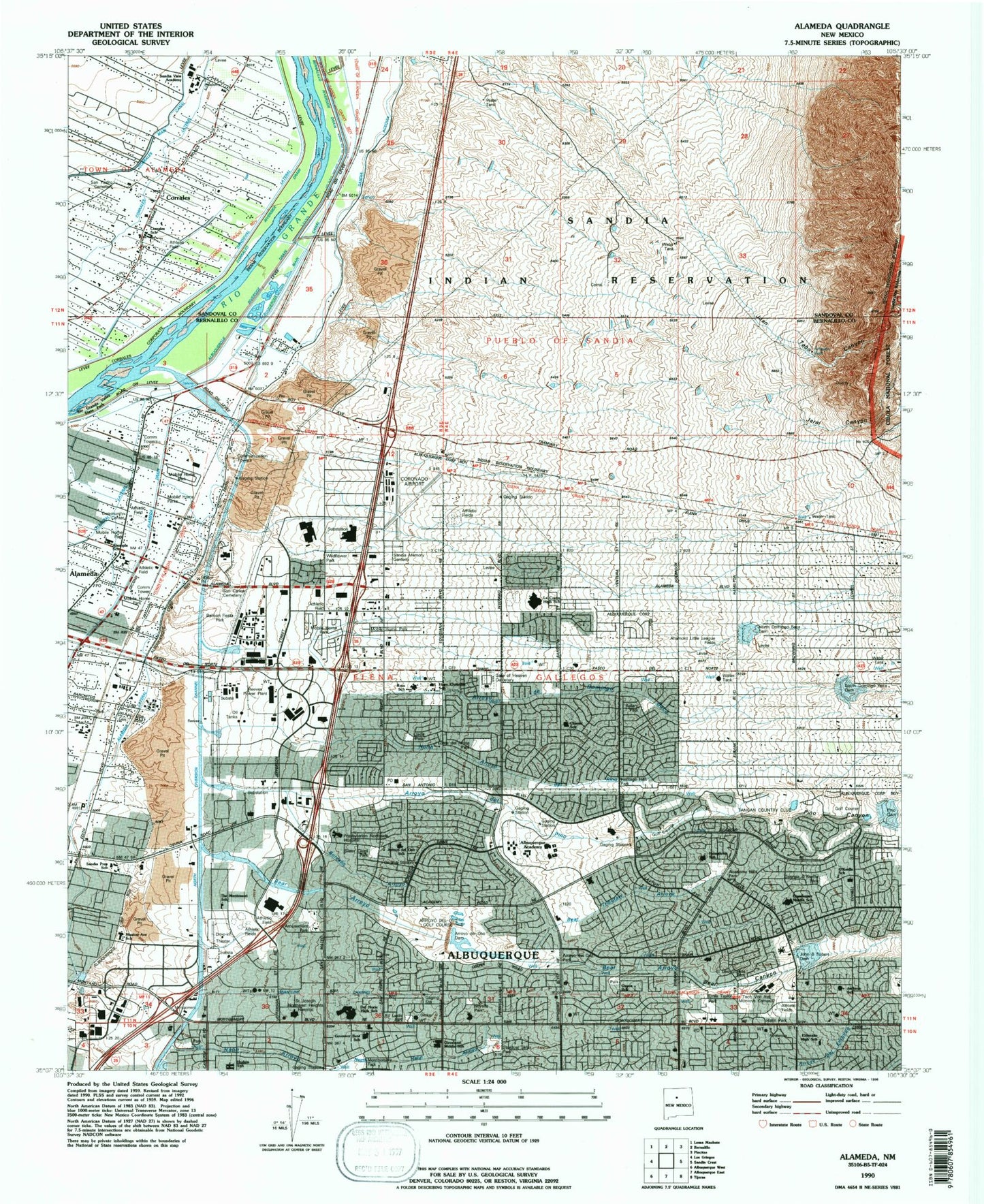 Classic USGS Alameda New Mexico 7.5'x7.5' Topo Map Image