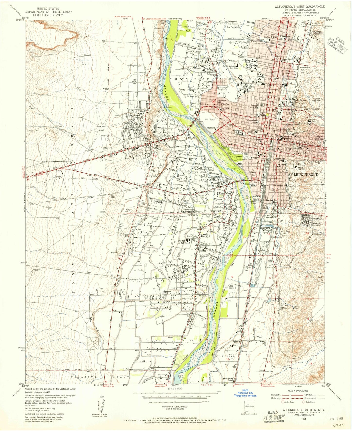 Classic USGS Albuquerque West New Mexico 7.5'x7.5' Topo Map Image