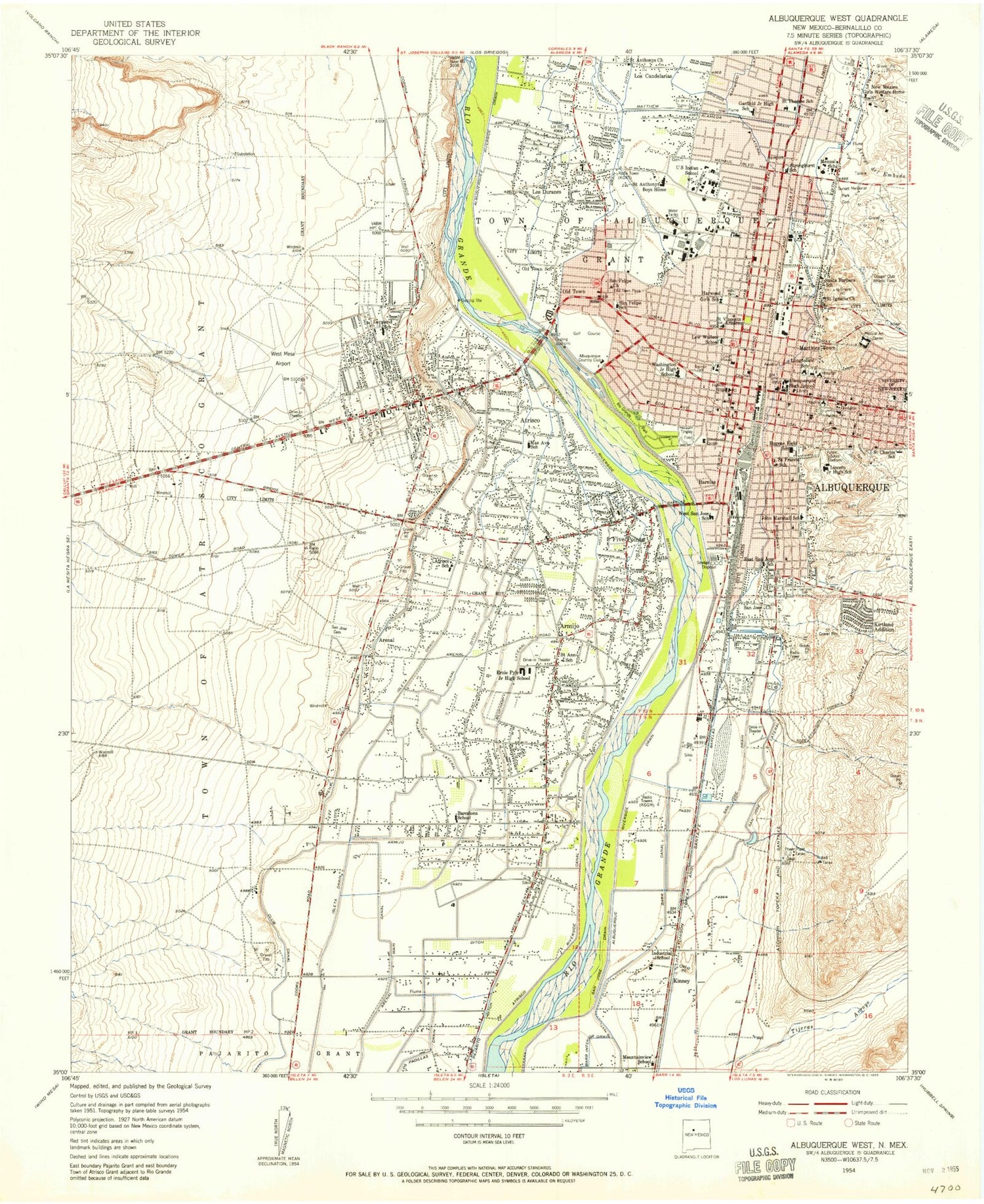 Classic USGS Albuquerque West New Mexico 7.5'x7.5' Topo Map Image