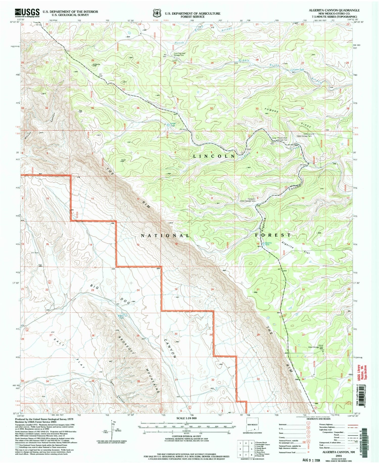 Classic USGS Algerita Canyon New Mexico 7.5'x7.5' Topo Map Image