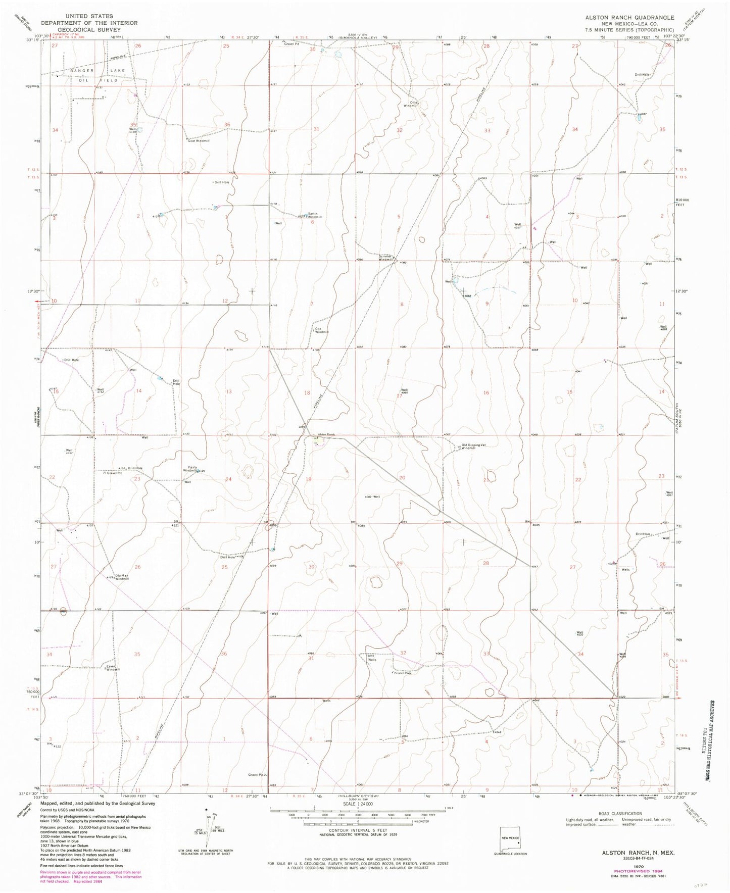 Classic USGS Alston Ranch New Mexico 7.5'x7.5' Topo Map Image