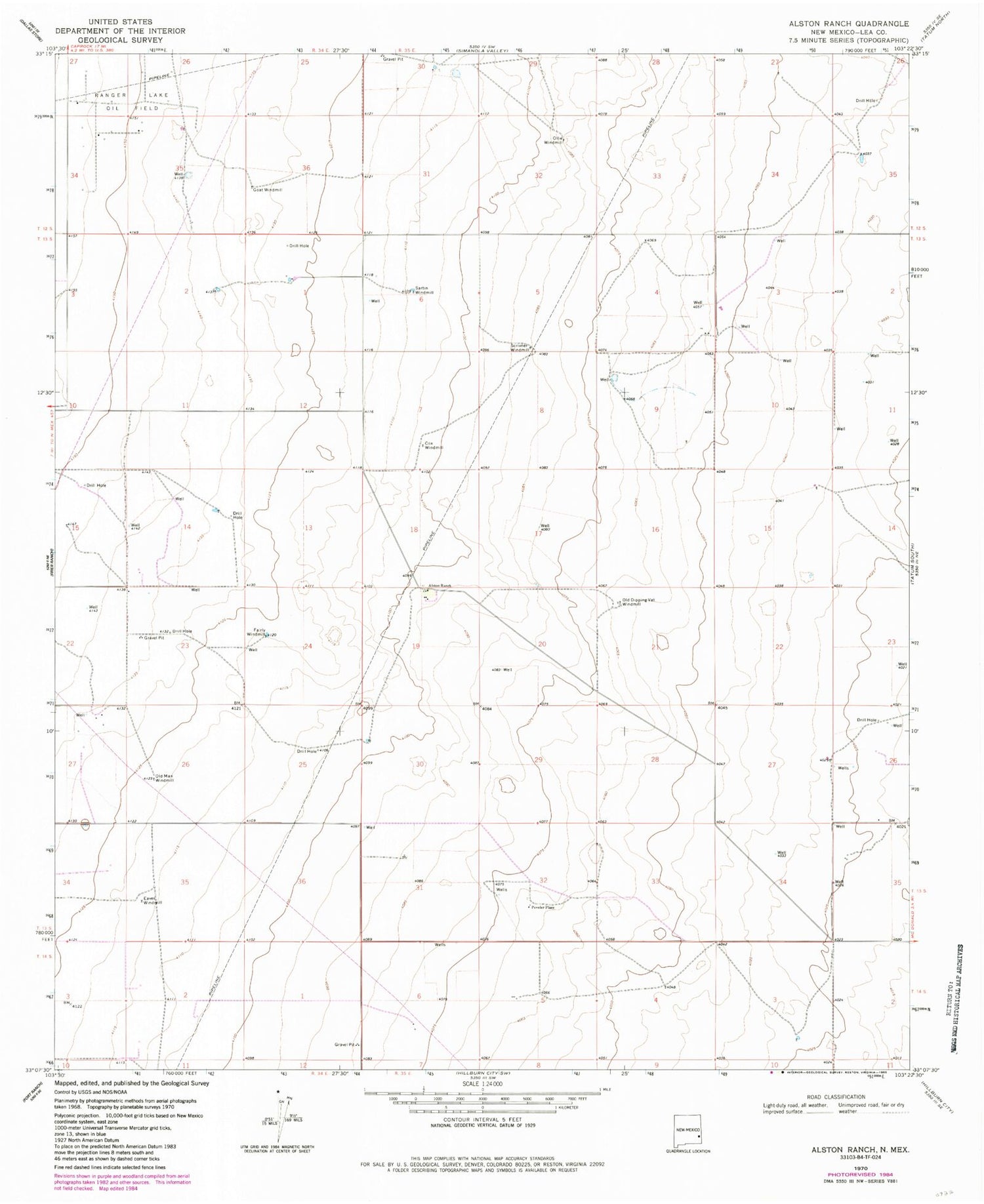 Classic USGS Alston Ranch New Mexico 7.5'x7.5' Topo Map Image