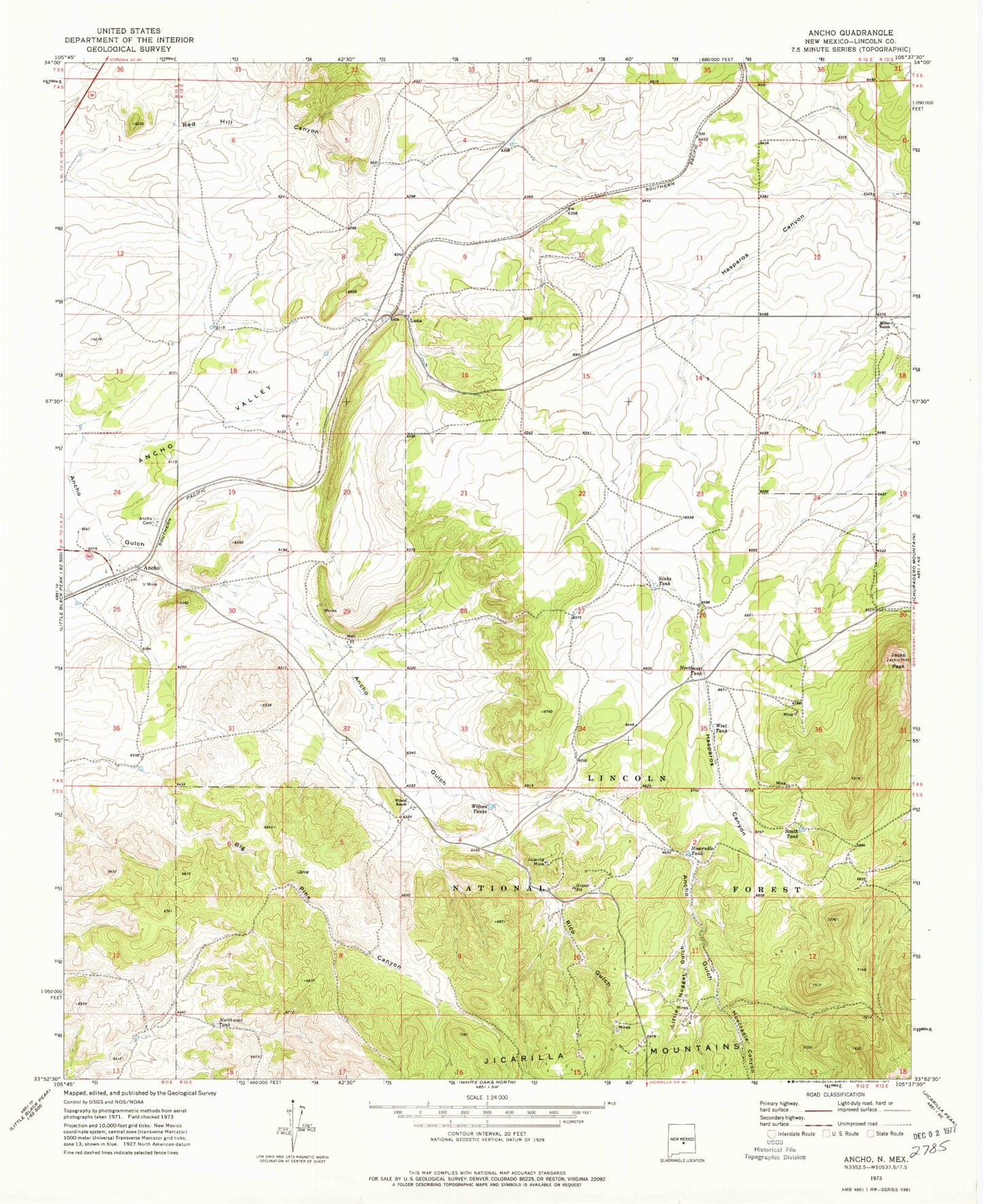 Classic USGS Ancho New Mexico 7.5'x7.5' Topo Map Image