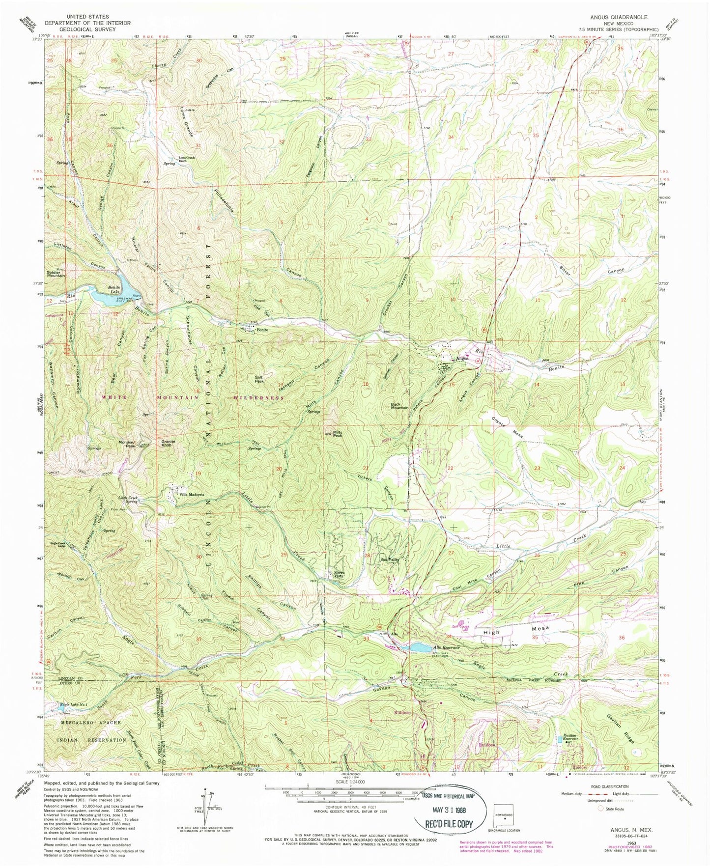 Classic USGS Angus New Mexico 7.5'x7.5' Topo Map Image