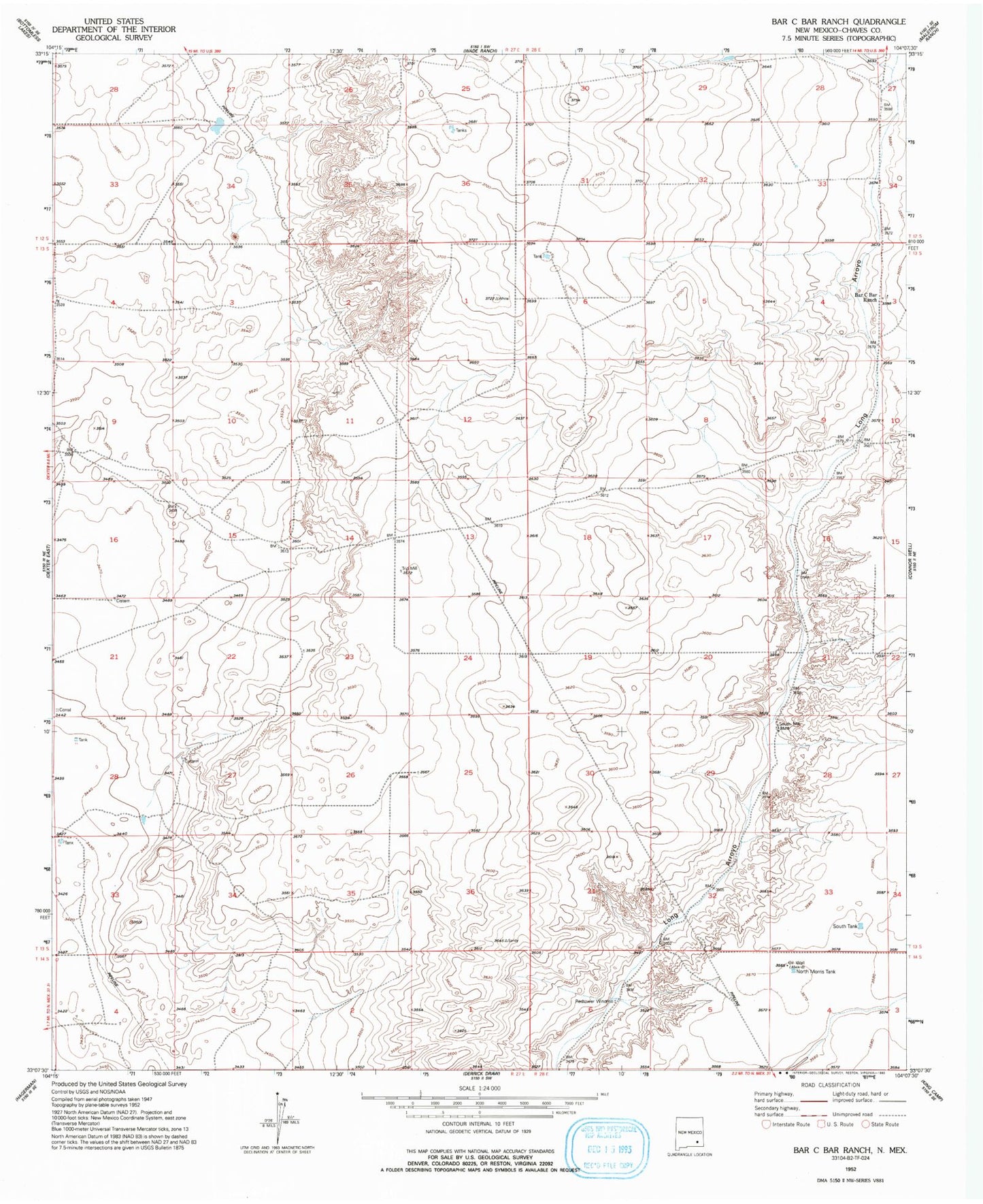 Classic USGS Bar C Bar Ranch New Mexico 7.5'x7.5' Topo Map Image