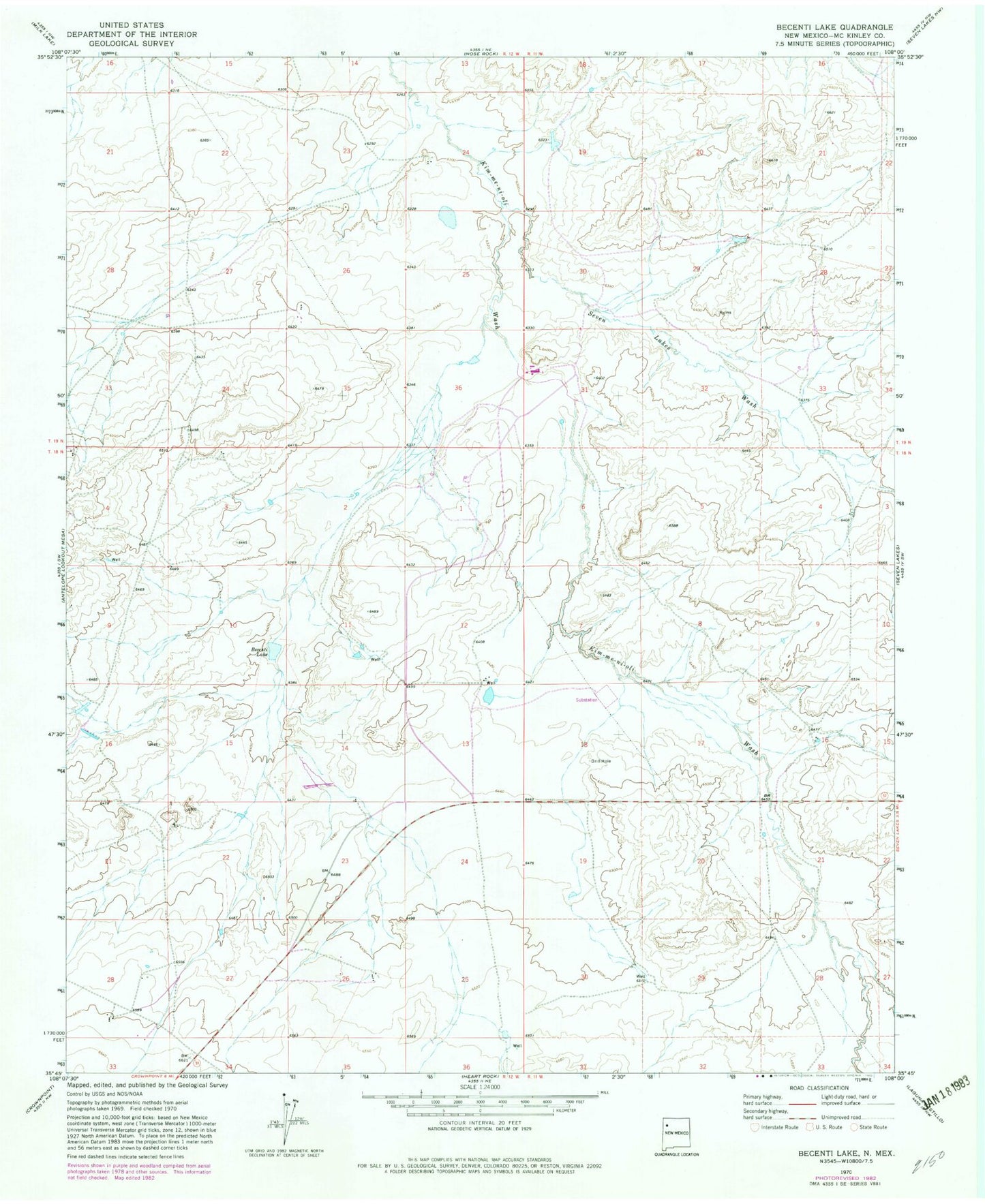 Classic USGS Becenti Lake New Mexico 7.5'x7.5' Topo Map Image
