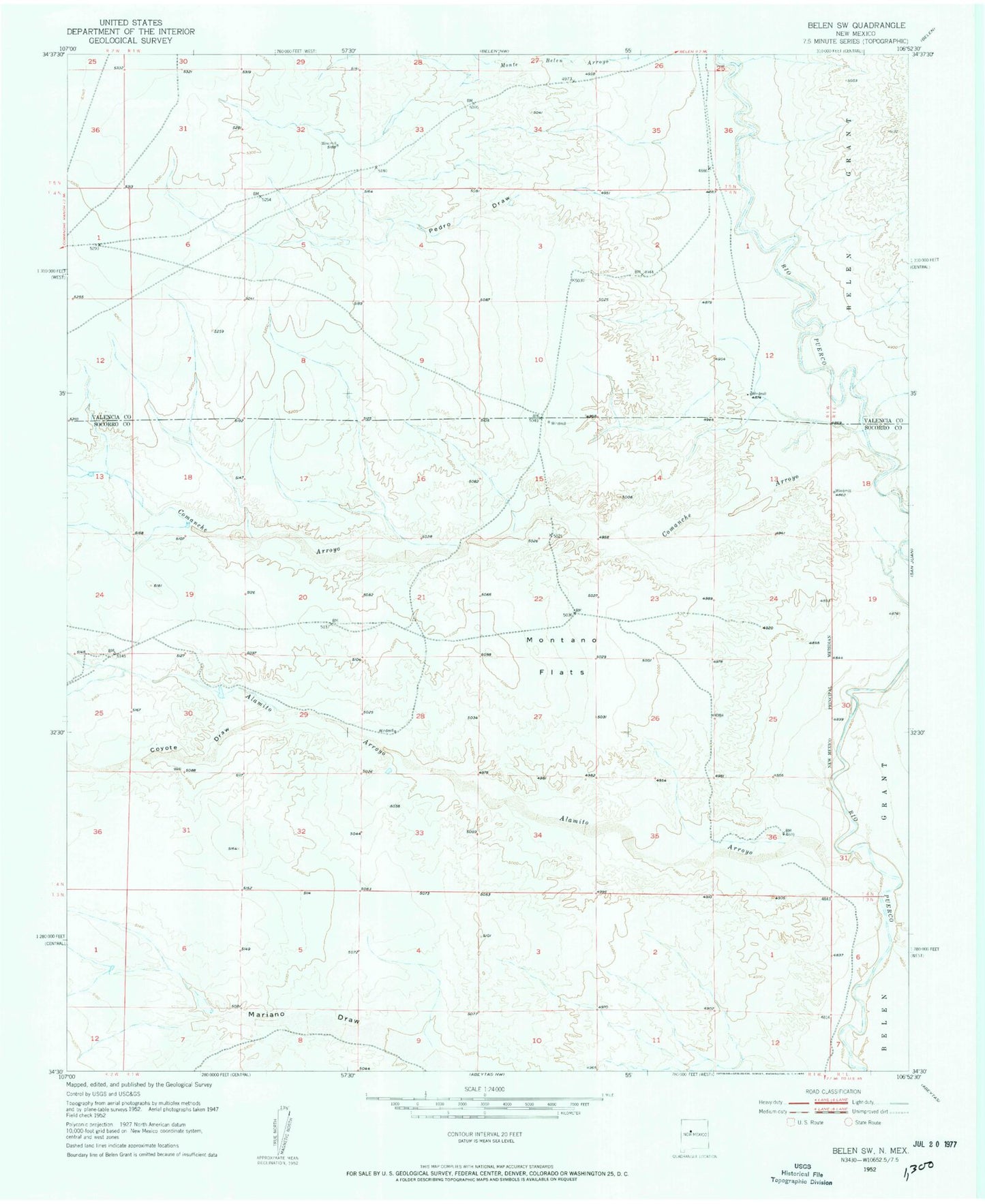 Classic USGS Belen SW New Mexico 7.5'x7.5' Topo Map Image