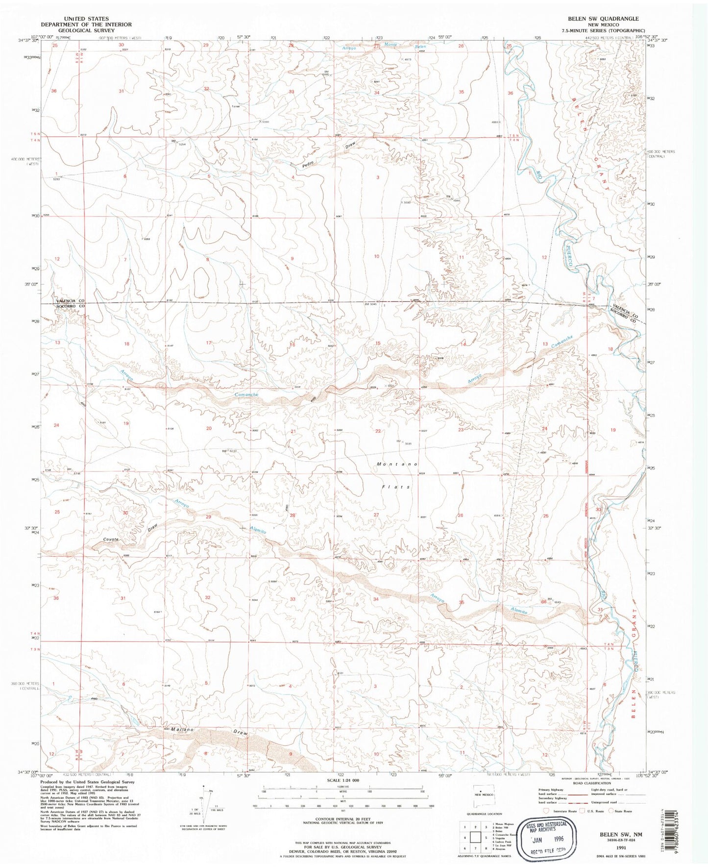 Classic USGS Belen SW New Mexico 7.5'x7.5' Topo Map Image
