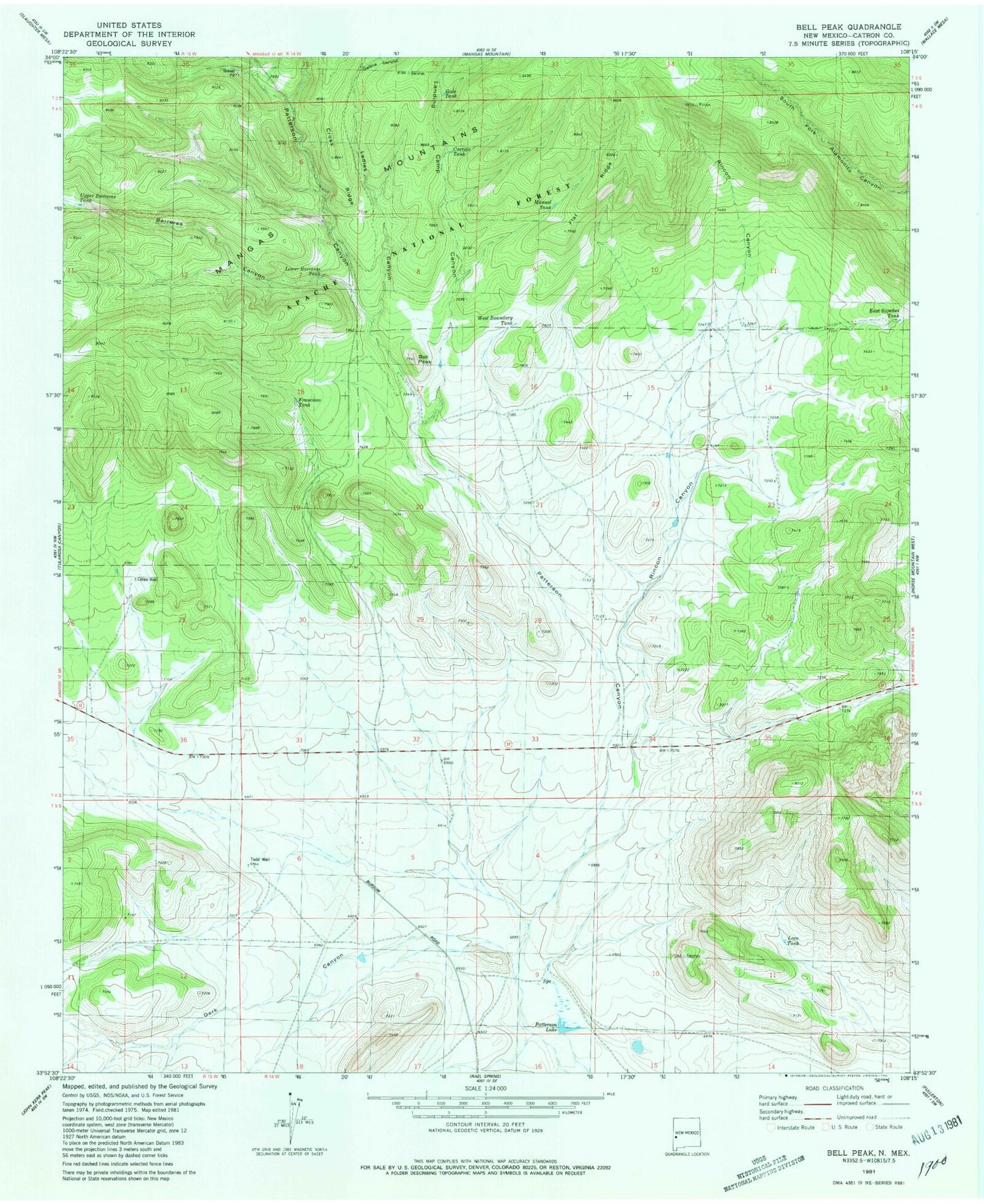 Classic USGS Bell Peak New Mexico 7.5'x7.5' Topo Map Image