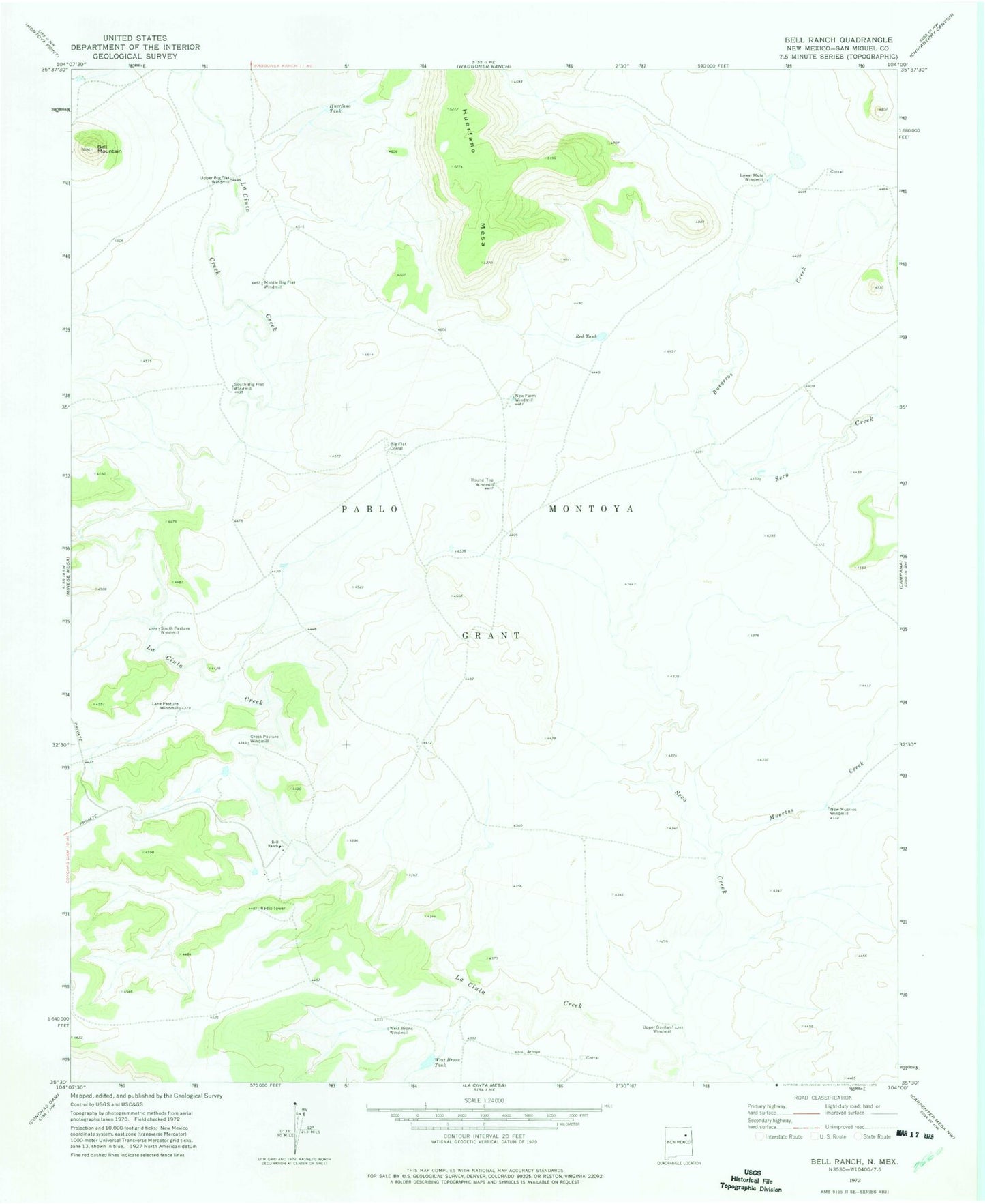 Classic USGS Bell Ranch New Mexico 7.5'x7.5' Topo Map Image