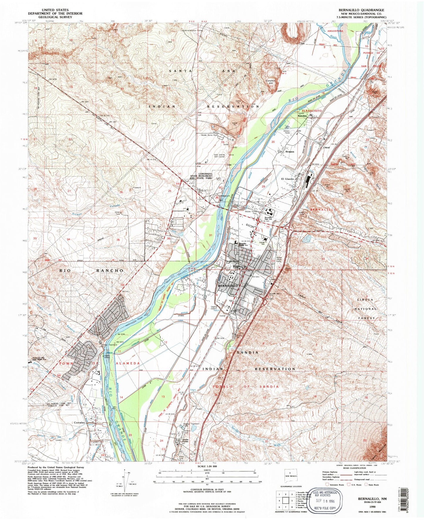 Classic USGS Bernalillo New Mexico 7.5'x7.5' Topo Map Image