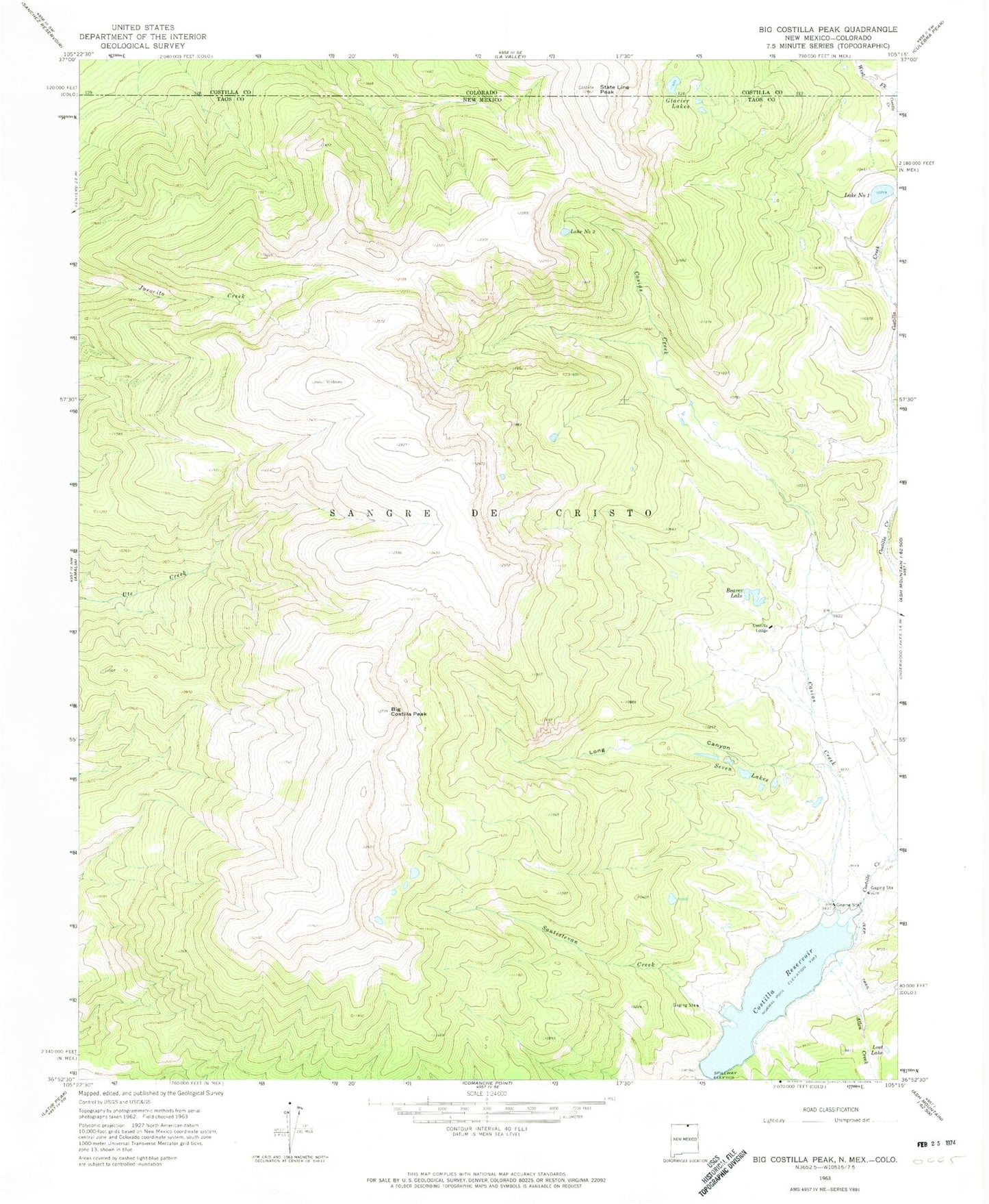 Classic USGS Big Costilla Peak New Mexico 7.5'x7.5' Topo Map Image