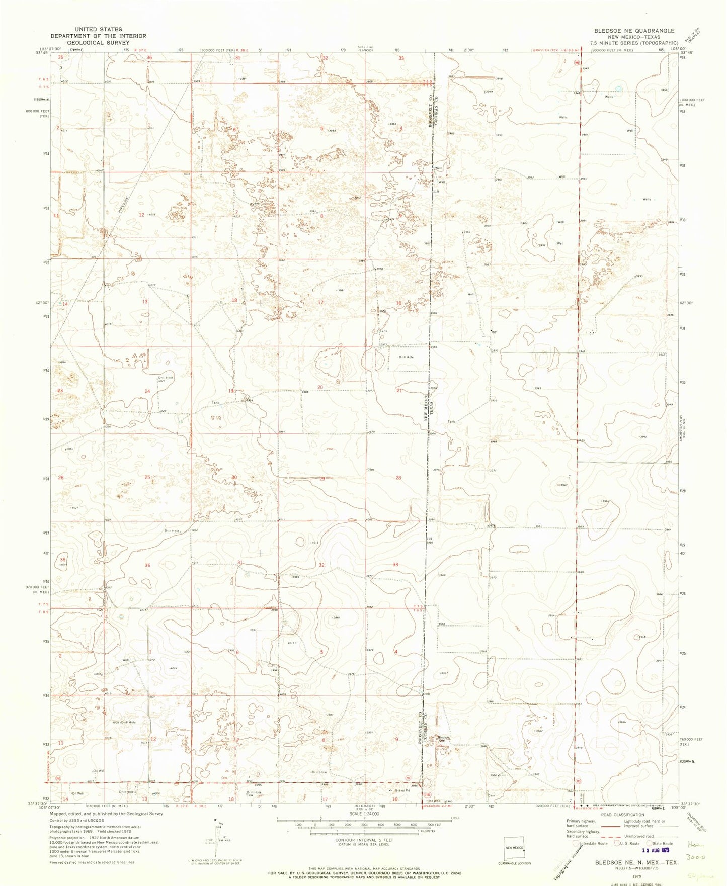 Classic USGS Bledsoe NE New Mexico 7.5'x7.5' Topo Map Image