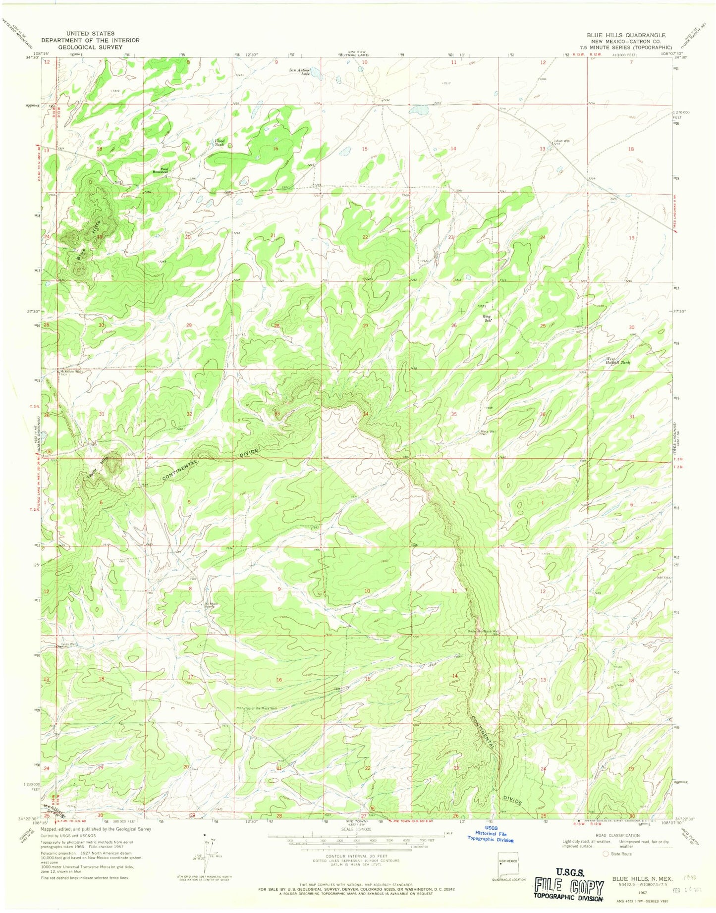 Classic USGS Blue Hills New Mexico 7.5'x7.5' Topo Map Image