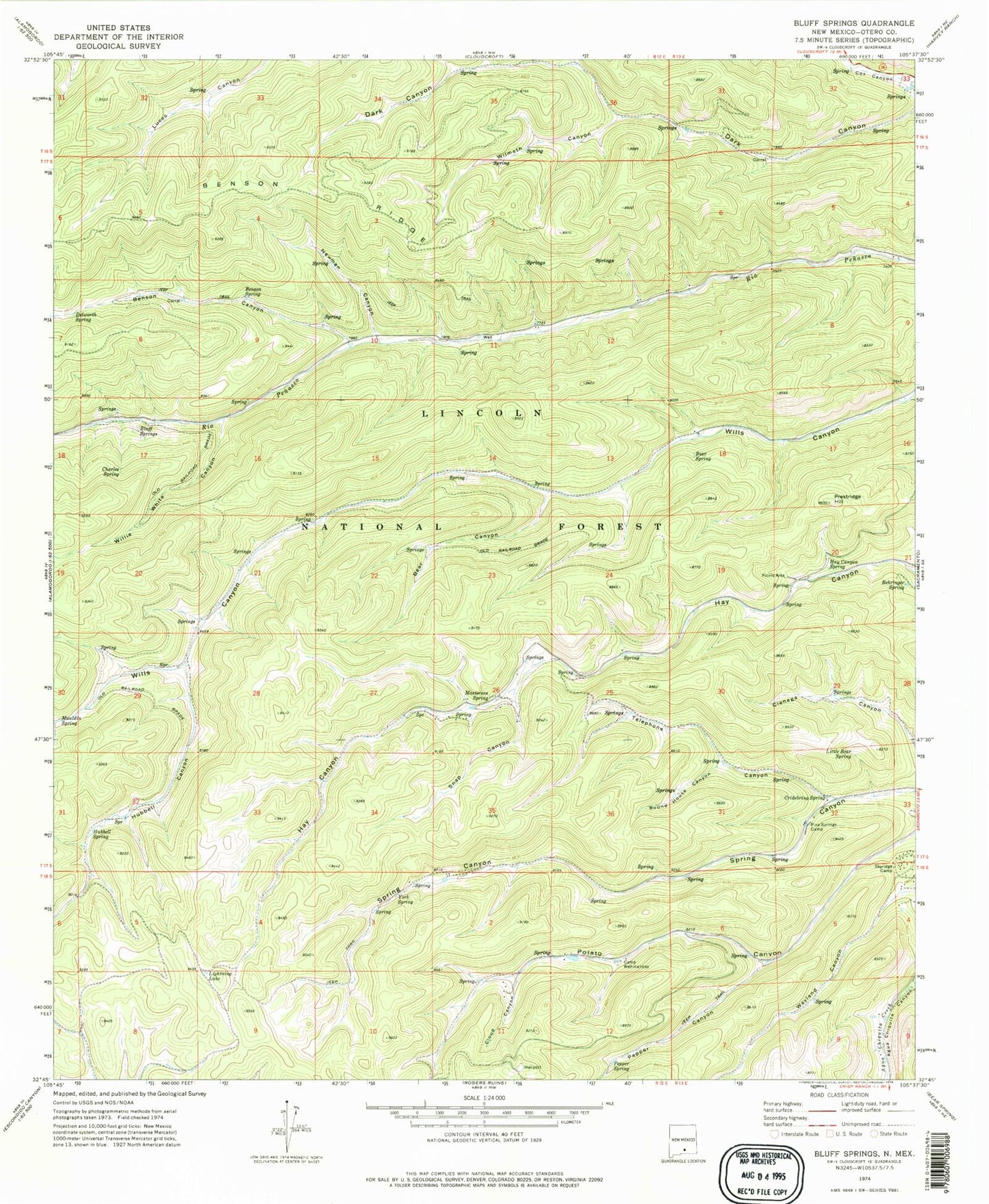 Classic USGS Bluff Springs New Mexico 7.5'x7.5' Topo Map Image