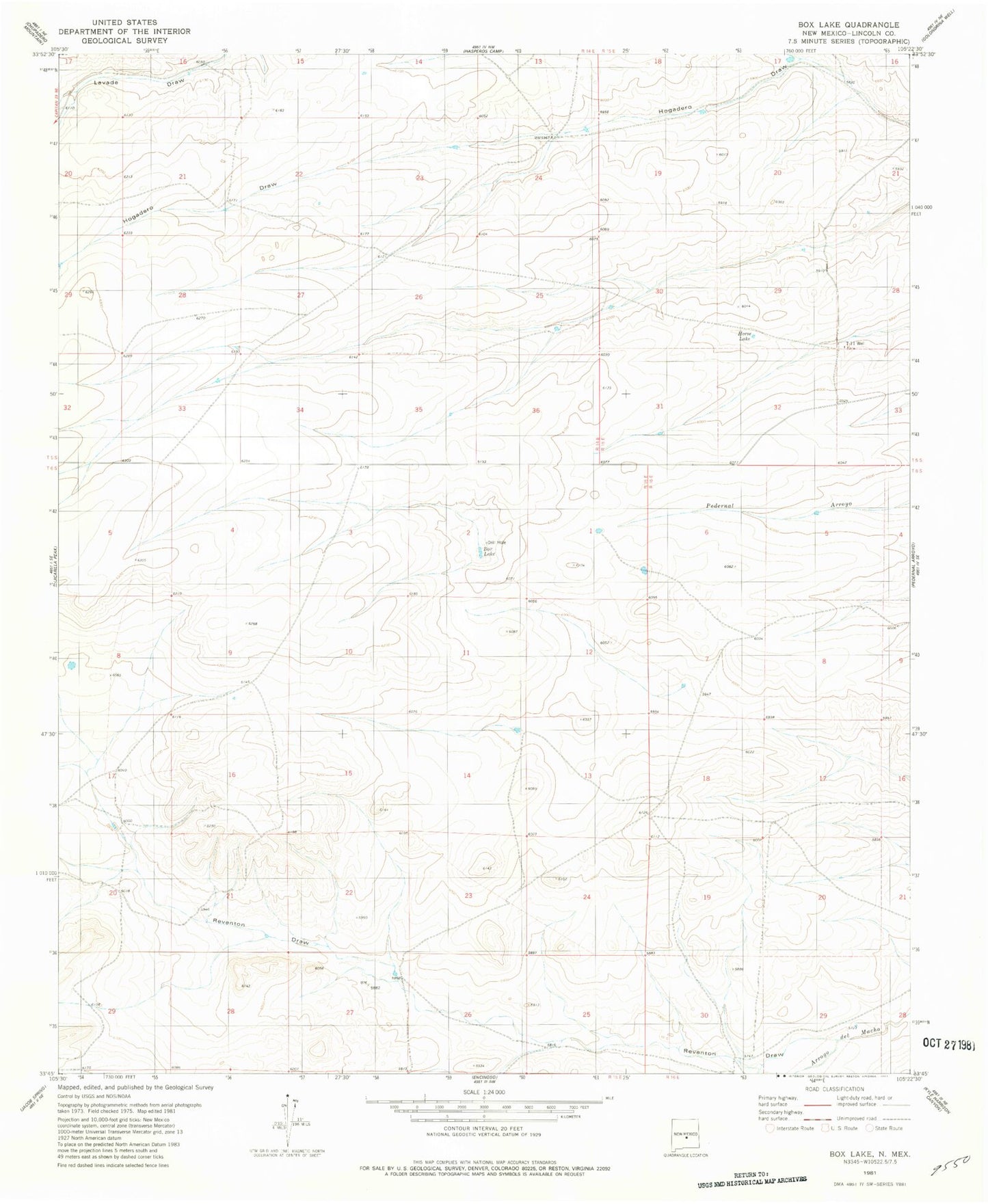 Classic USGS Box Lake New Mexico 7.5'x7.5' Topo Map Image