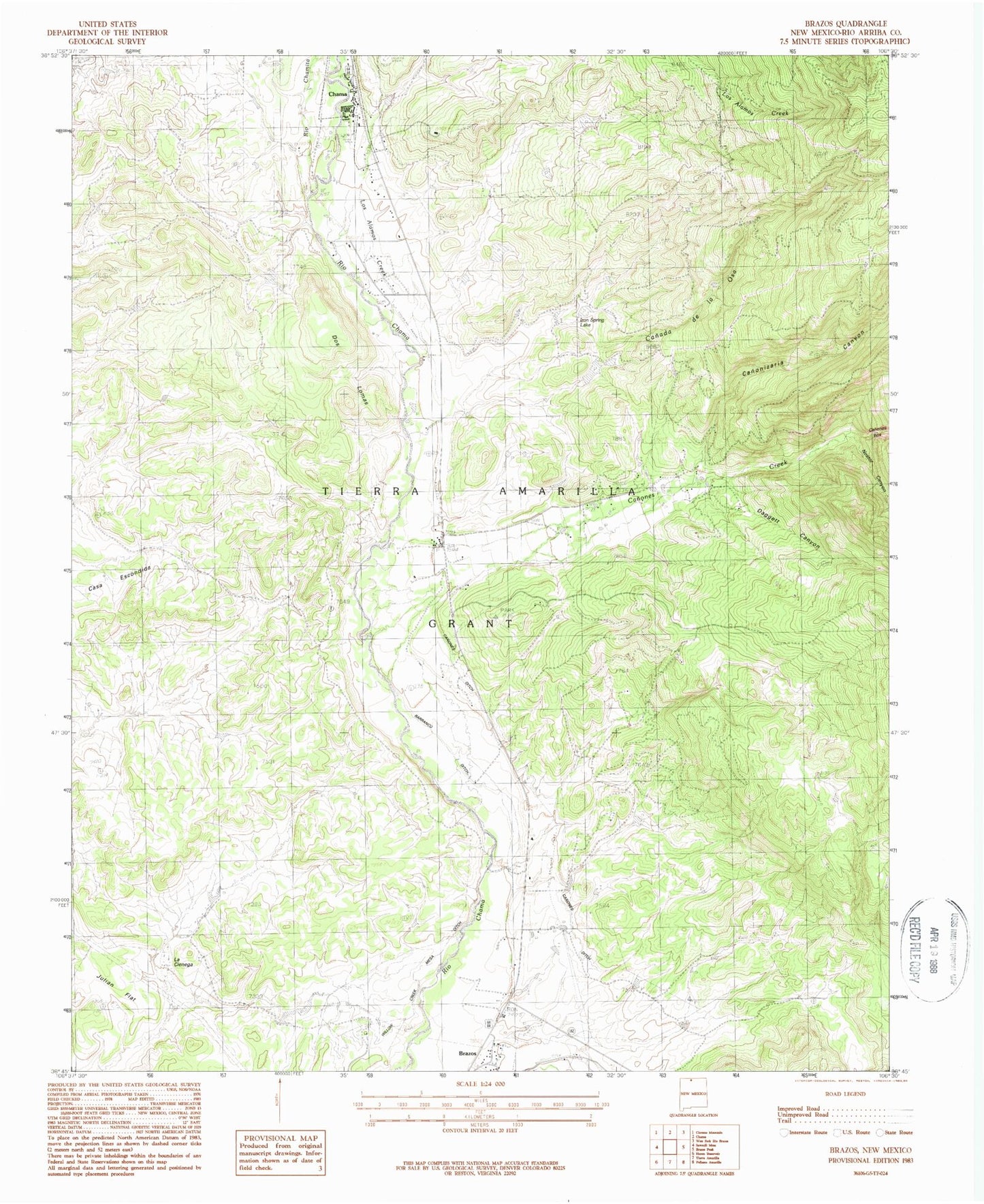 Classic USGS Brazos New Mexico 7.5'x7.5' Topo Map Image