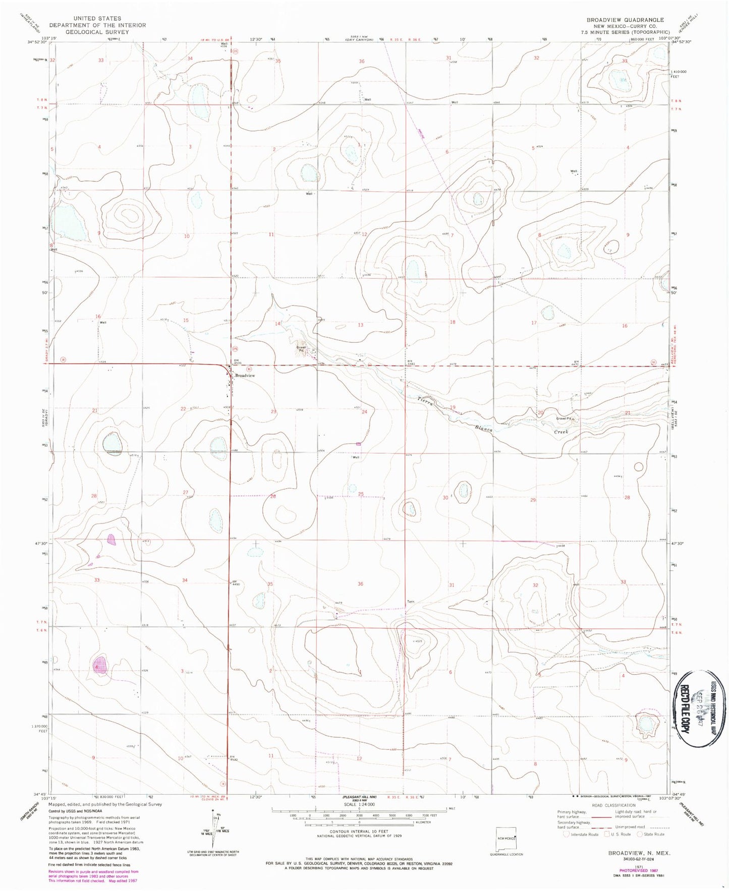 Classic USGS Broadview New Mexico 7.5'x7.5' Topo Map Image